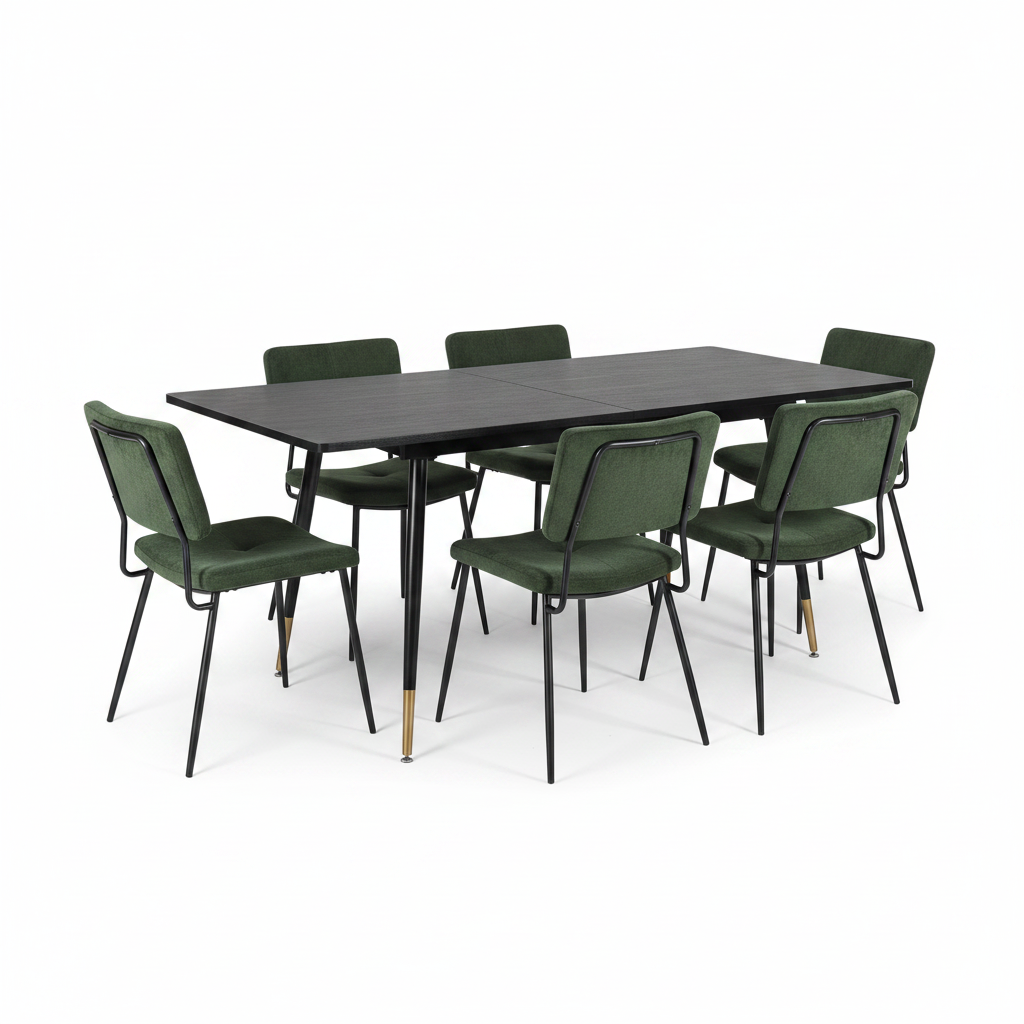 Runder Tisch in Walnussoptik Ø80 cm mit 4 schwarzen Samtstühlen, moderner und komfortabler Stil