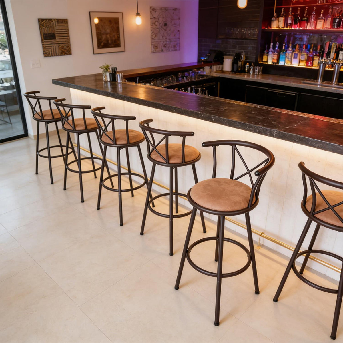 Set of 6 swivel industrial bar stools with brown fabric backrest - Hailey 29