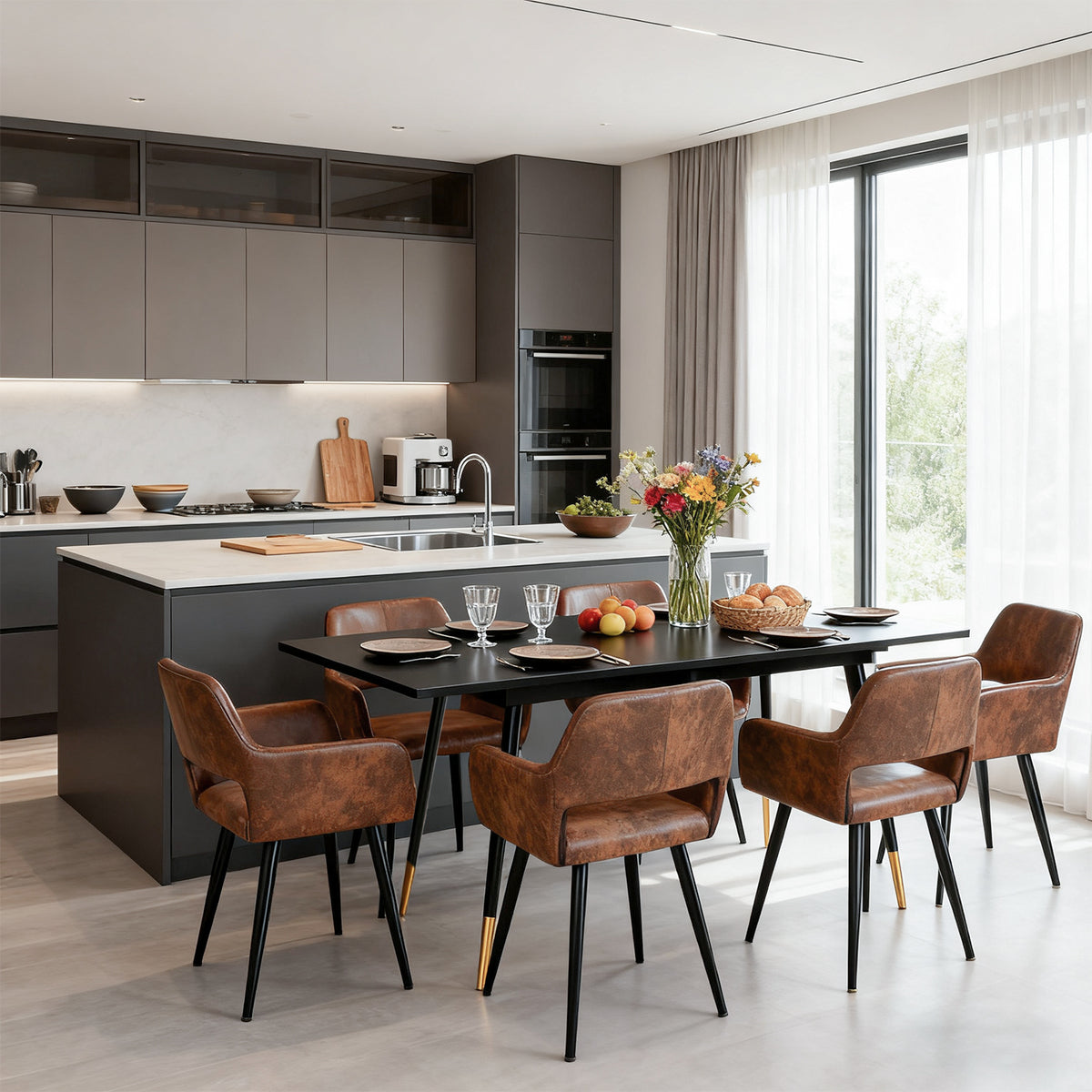 Round Table Table Table Table Timber Ø80 cm with 4 black velvet chairs, modern and comfortable style
