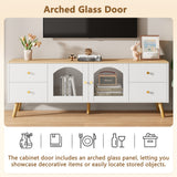 TV cabinet with 4 drawers and 2 glass doors in tempered glass, modern white design and natural wood