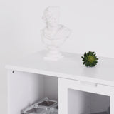 Buffet en MDF laqué blanc 65x30x100 cm avec portes vitrées, tiroir et espaces de rangement ouverts, idéal pour salon, chambre ou entrée