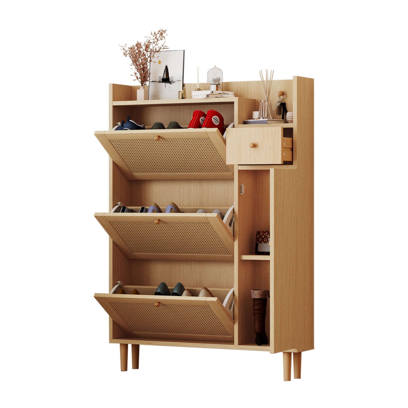 Meuble à chaussures en bois et rotin naturel 90x17x125 cm avec 3 portes basculantes, 1 tiroir et pieds en bois massif, idéal pour entrée étroite et petits espaces