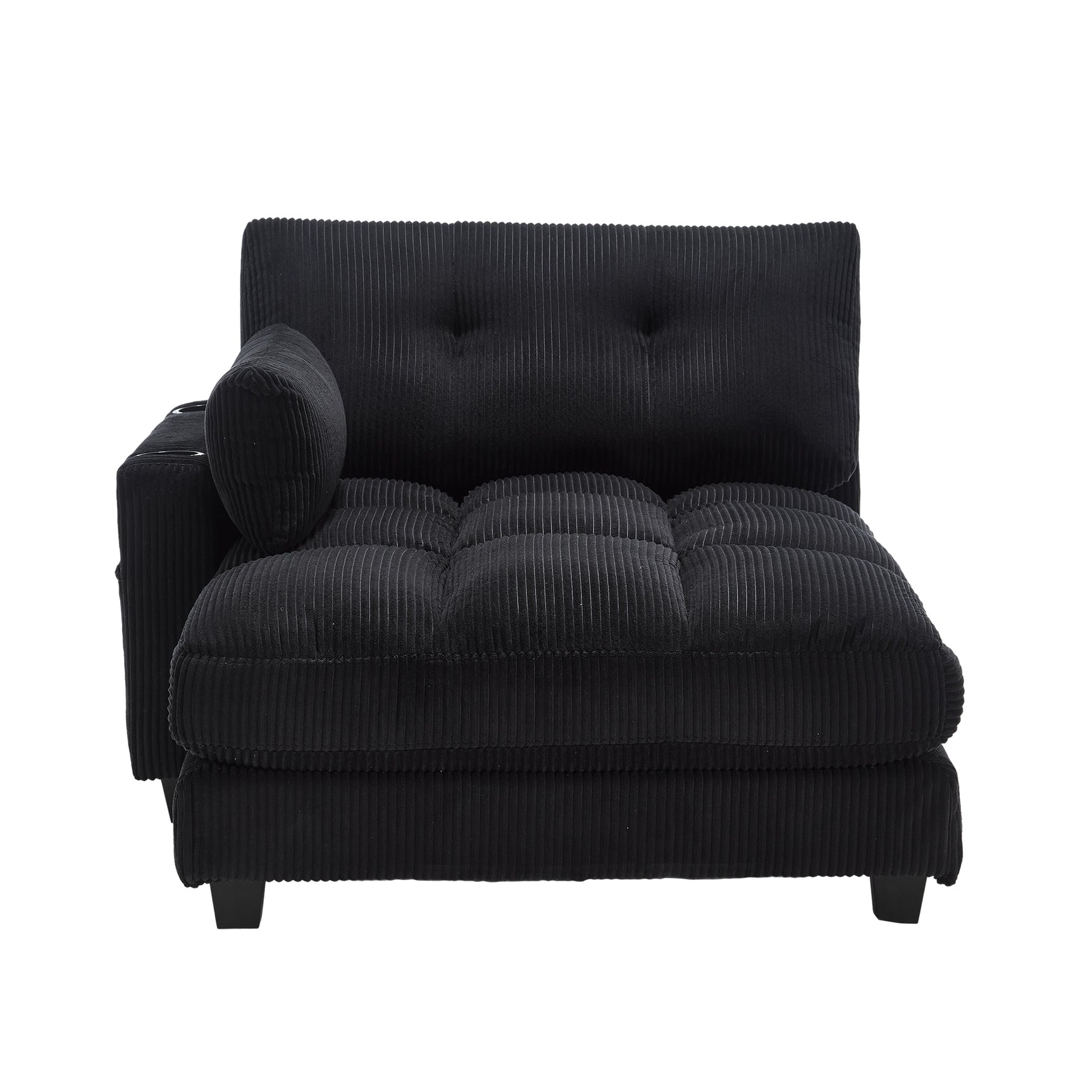 Canapé lounge moderne en velours côtelé avec porte-gobelets et poche latérale, noir