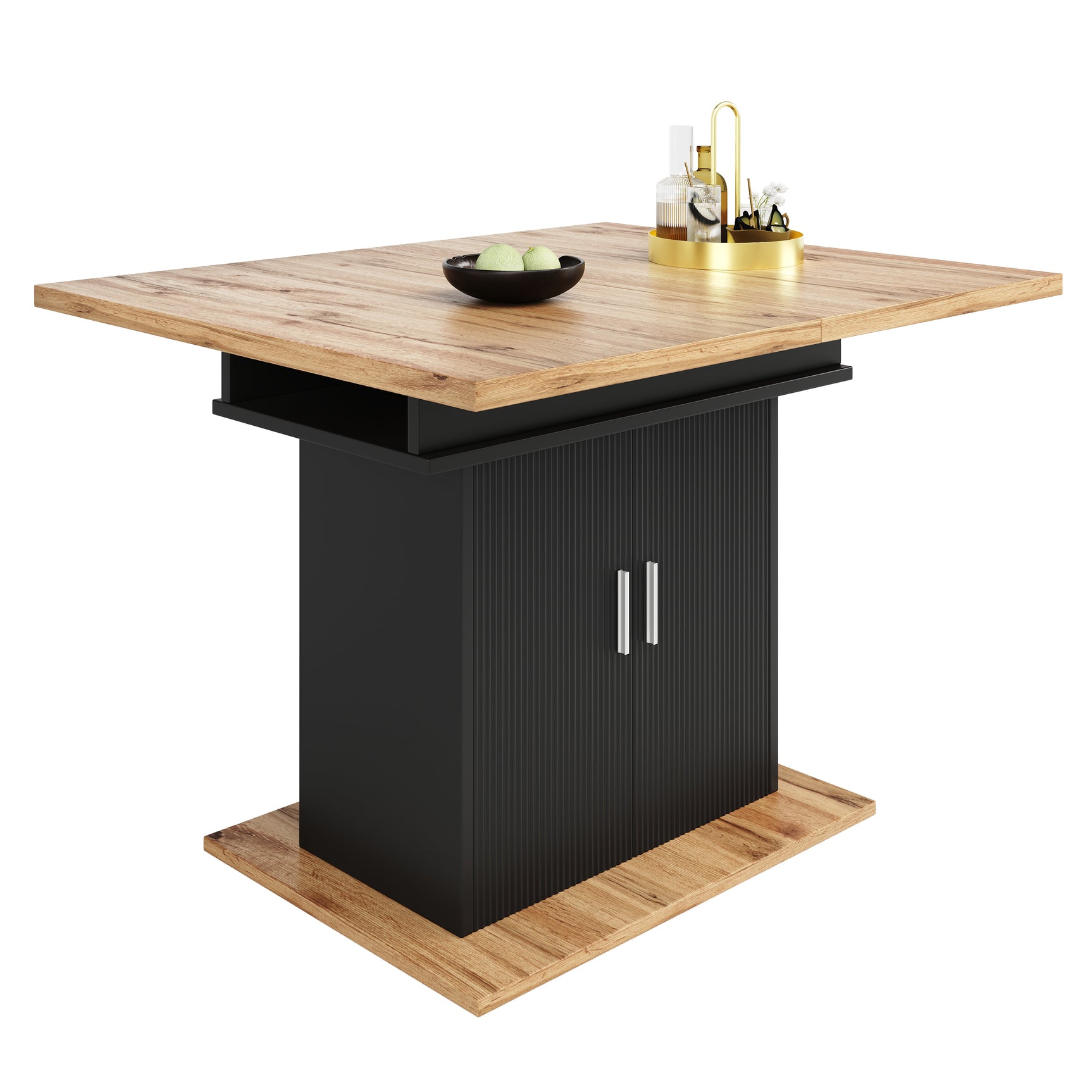 Table à manger télescopique extensible naturel-noir avec 3 niveaux de rangement
