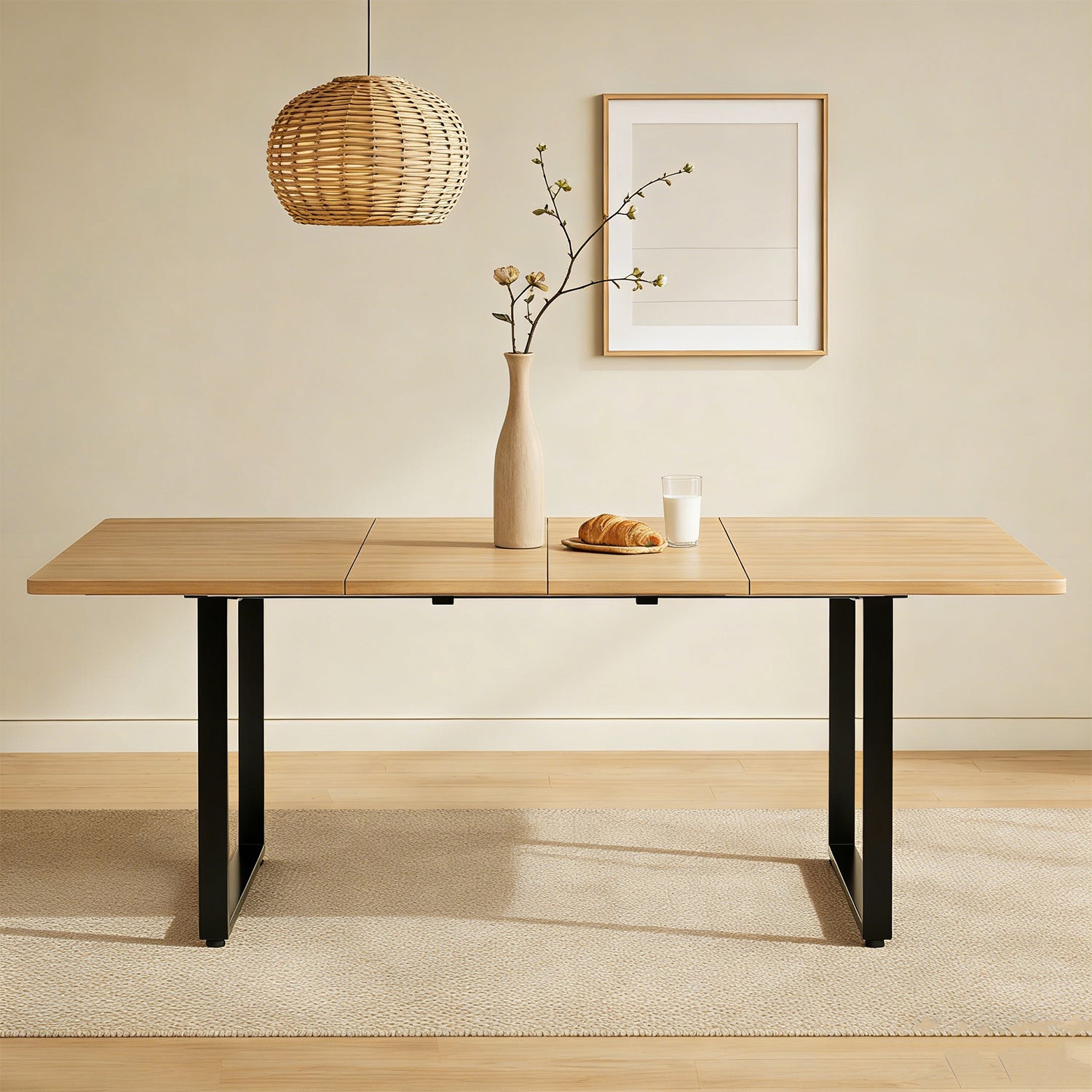 Table à manger extensible aspect chêne à trois rallonges avec pieds métalliques