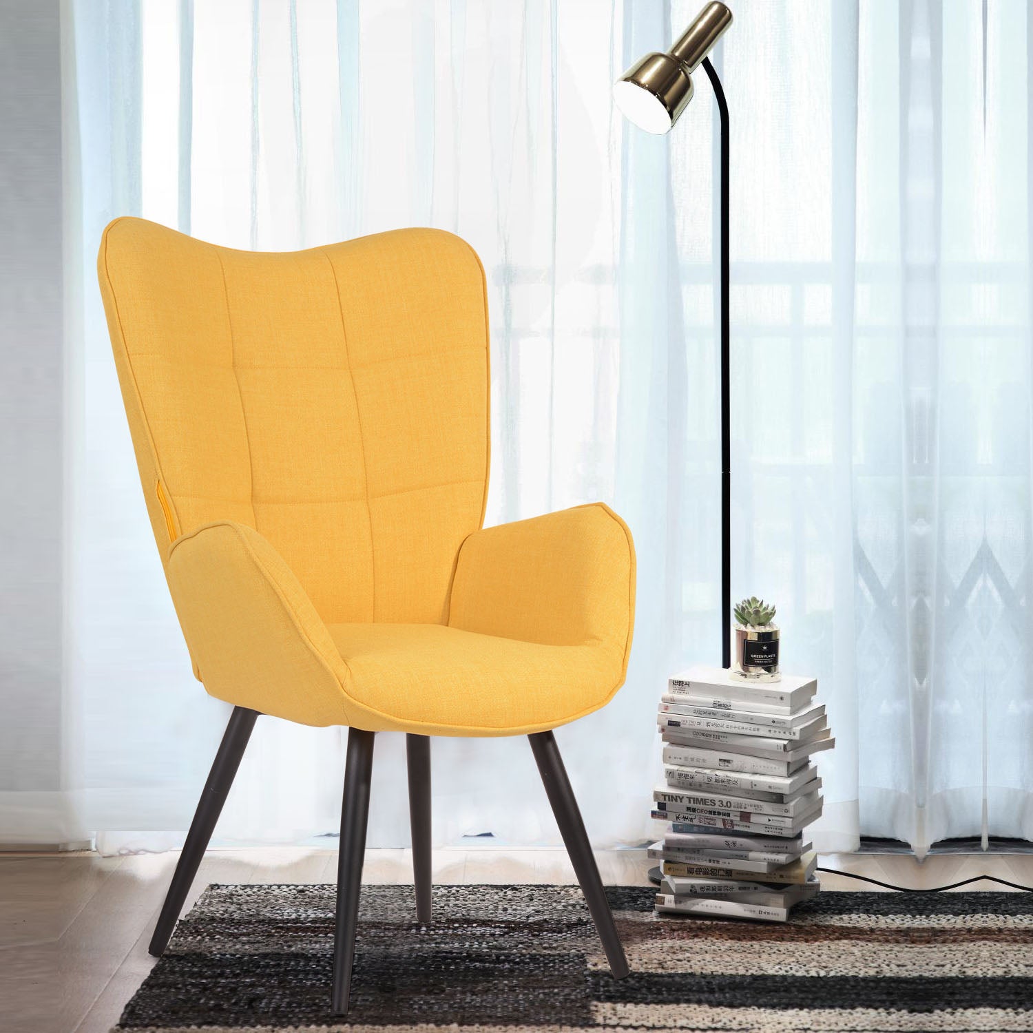 Scandinavian armchair with armrests in yellow fabric with stitching - bogdan
