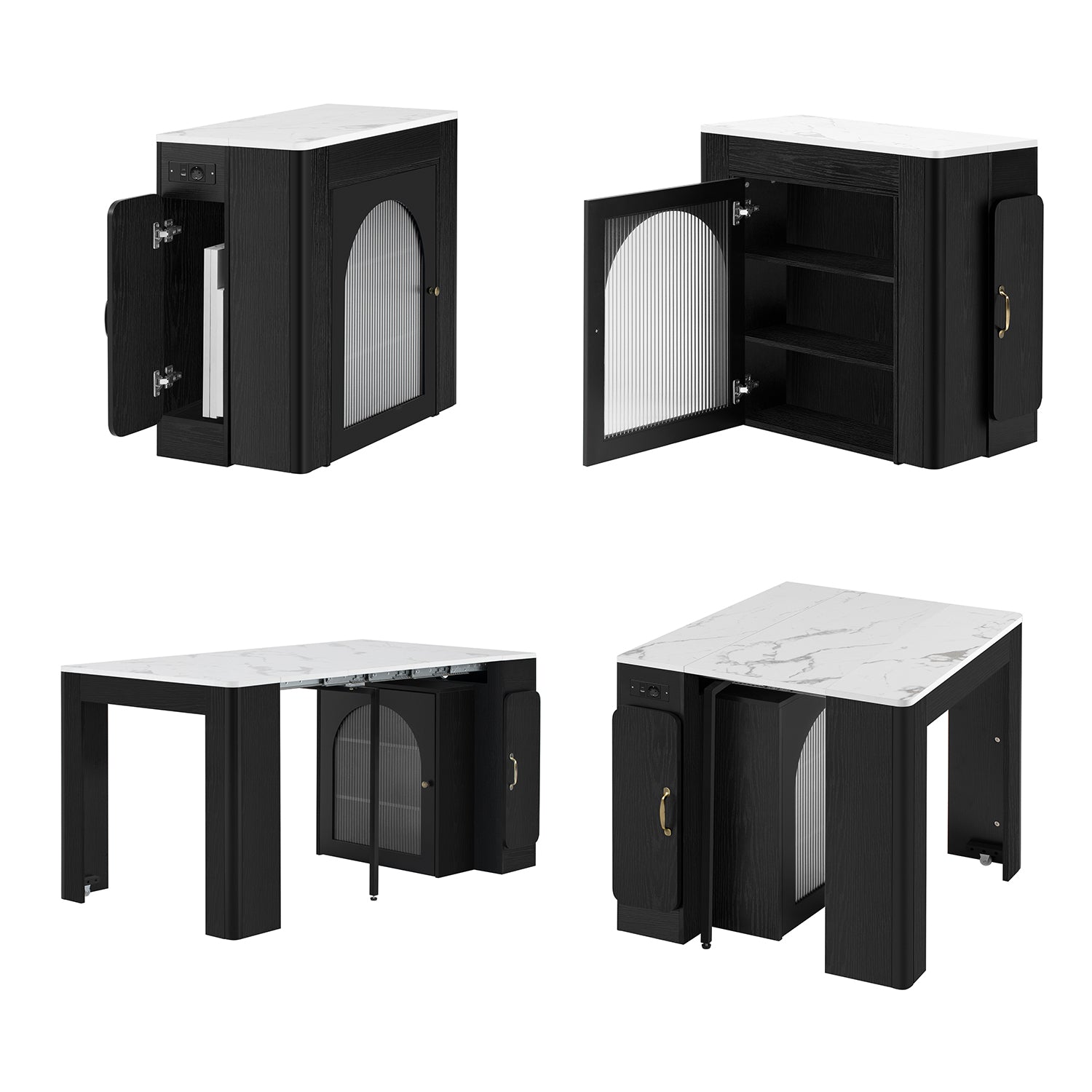 Îlot de cuisine mobile noir et blanc avec plateau extensible et prise électrique intégrée