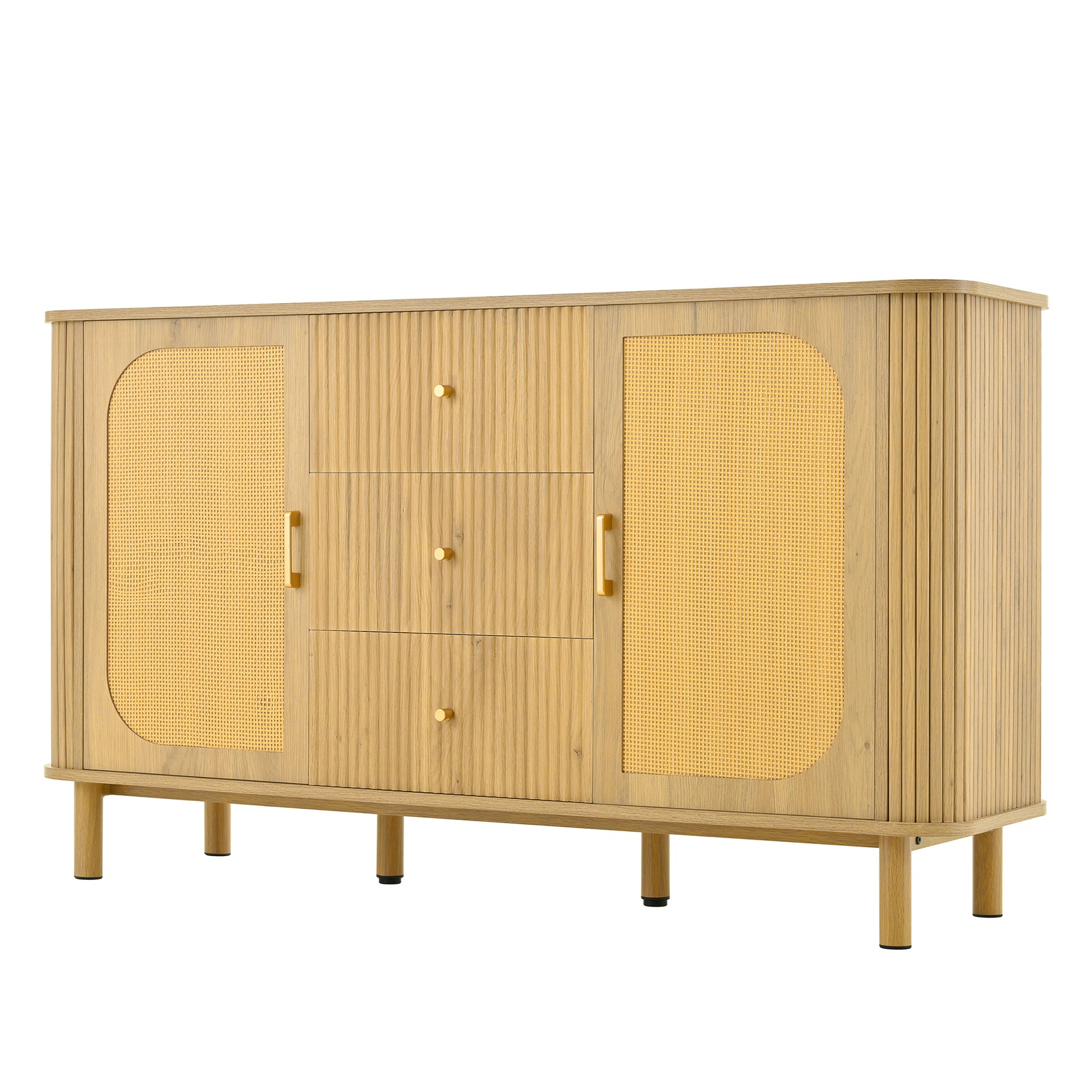 Eichen-Caning-Buffet mit 3 Schubladen, 2 Türen, einstellbaren Regalen und Anti-Breeching-Geräte-120 × 40 × 74 cm