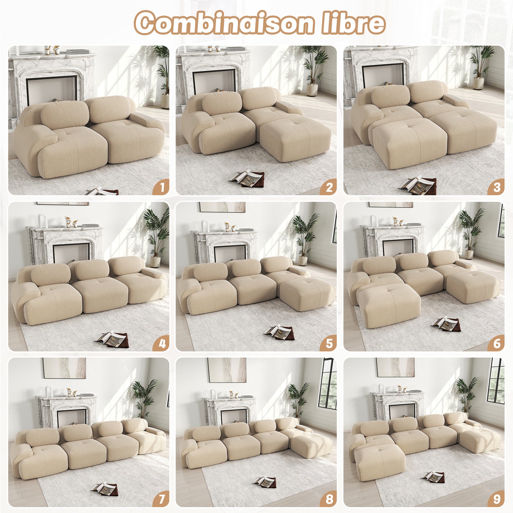Ensemble de canapés avec accoudoirs incurvés et base antidérapante en tissu velours côtelé doux pour le salon, beige,siège 4