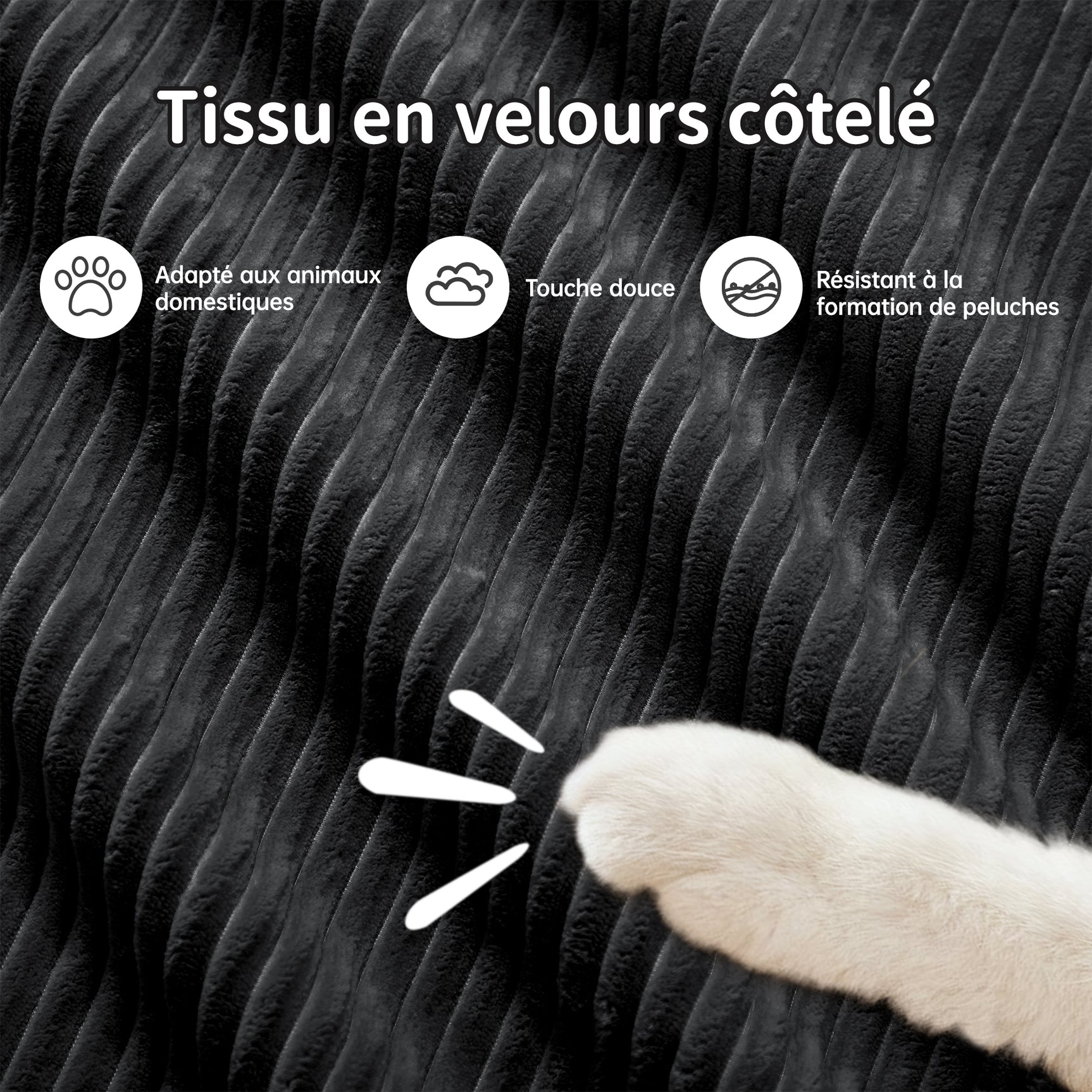 Ensemble de canapés avec accoudoirs incurvés et base antidérapante en tissu velours côtelé doux pour le salon, noir, siège 3