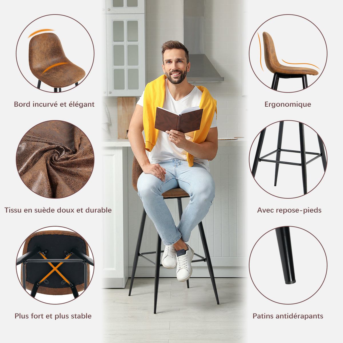 Set of 4 industrial bar stools with suede back - CHARLTON BAR