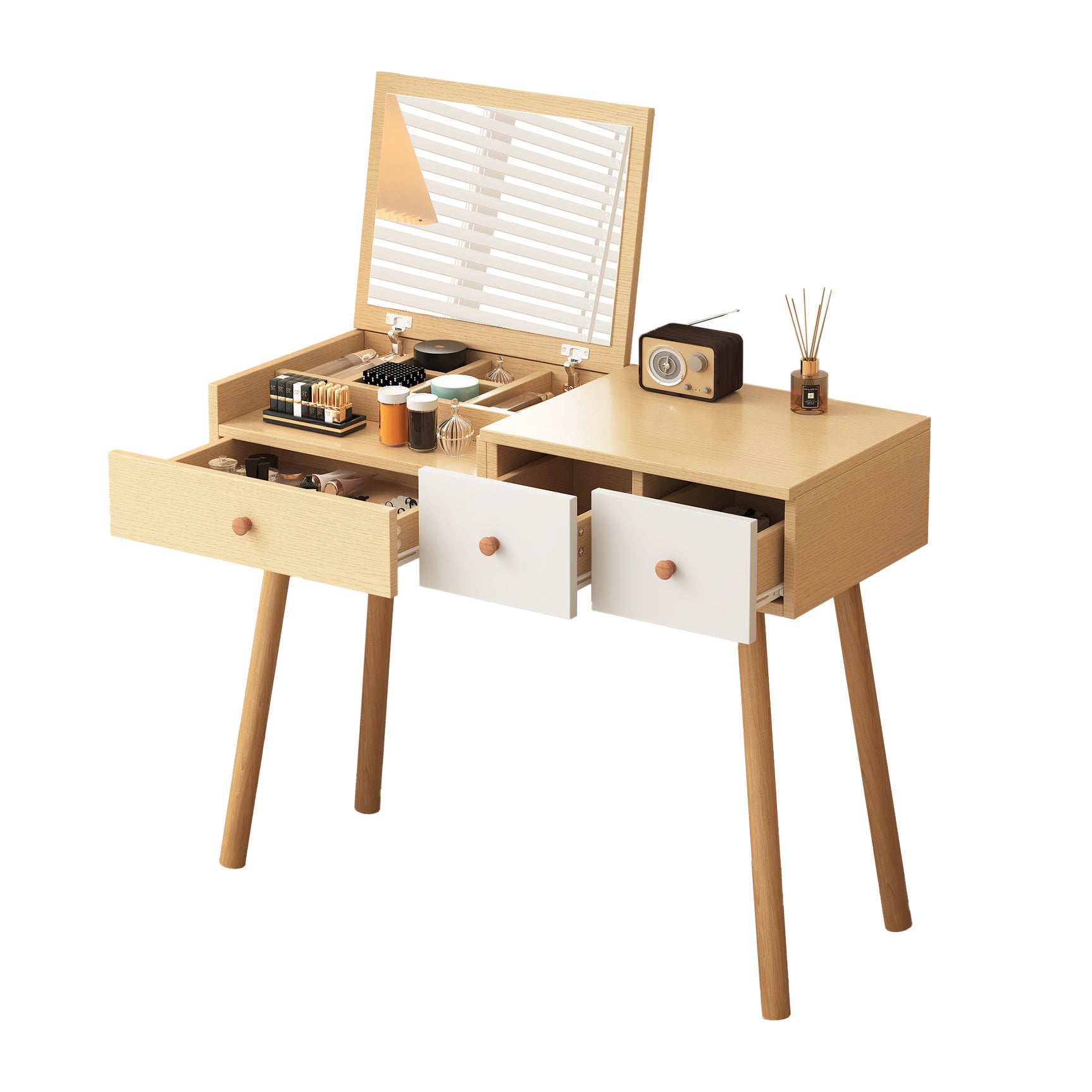 Coiffeuse en bois avec miroir rabattable, 3 tiroirs de rangement et design naturel blanc â€?100x40x78 cm