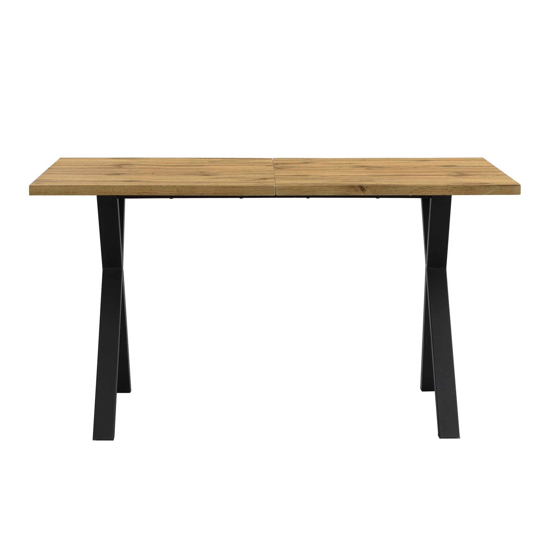 Modern industrial dining table 140x80 cm in oak effect with crossed feet in black metal