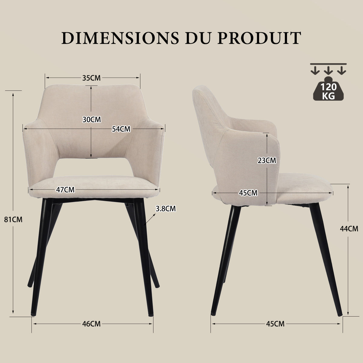 Ensemble de salle à manger comprenant une table extensible et 4 fauteuils avec accoudoirs en tissu beige