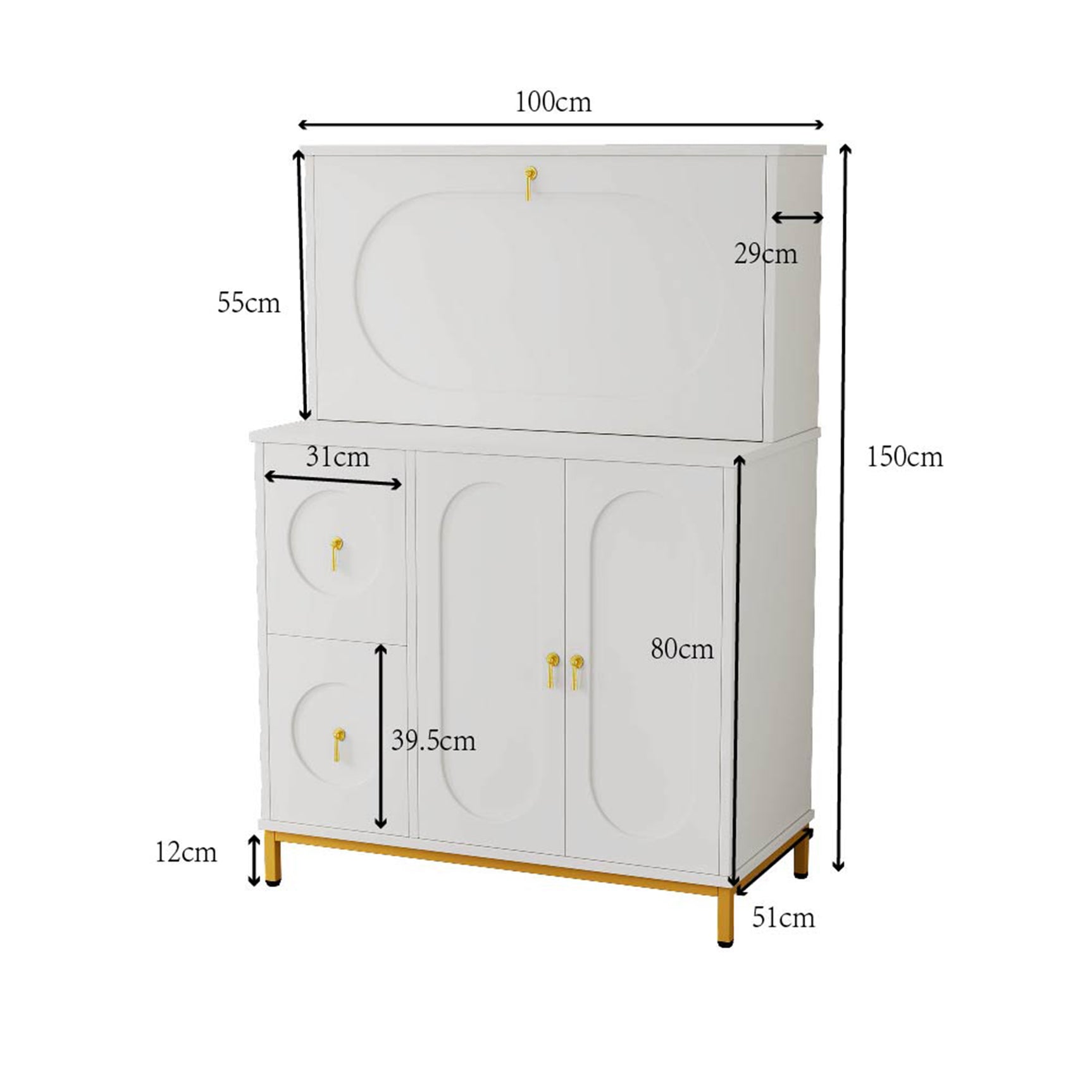 Multifunctional secretary with folding worktop and large storage spaces in white