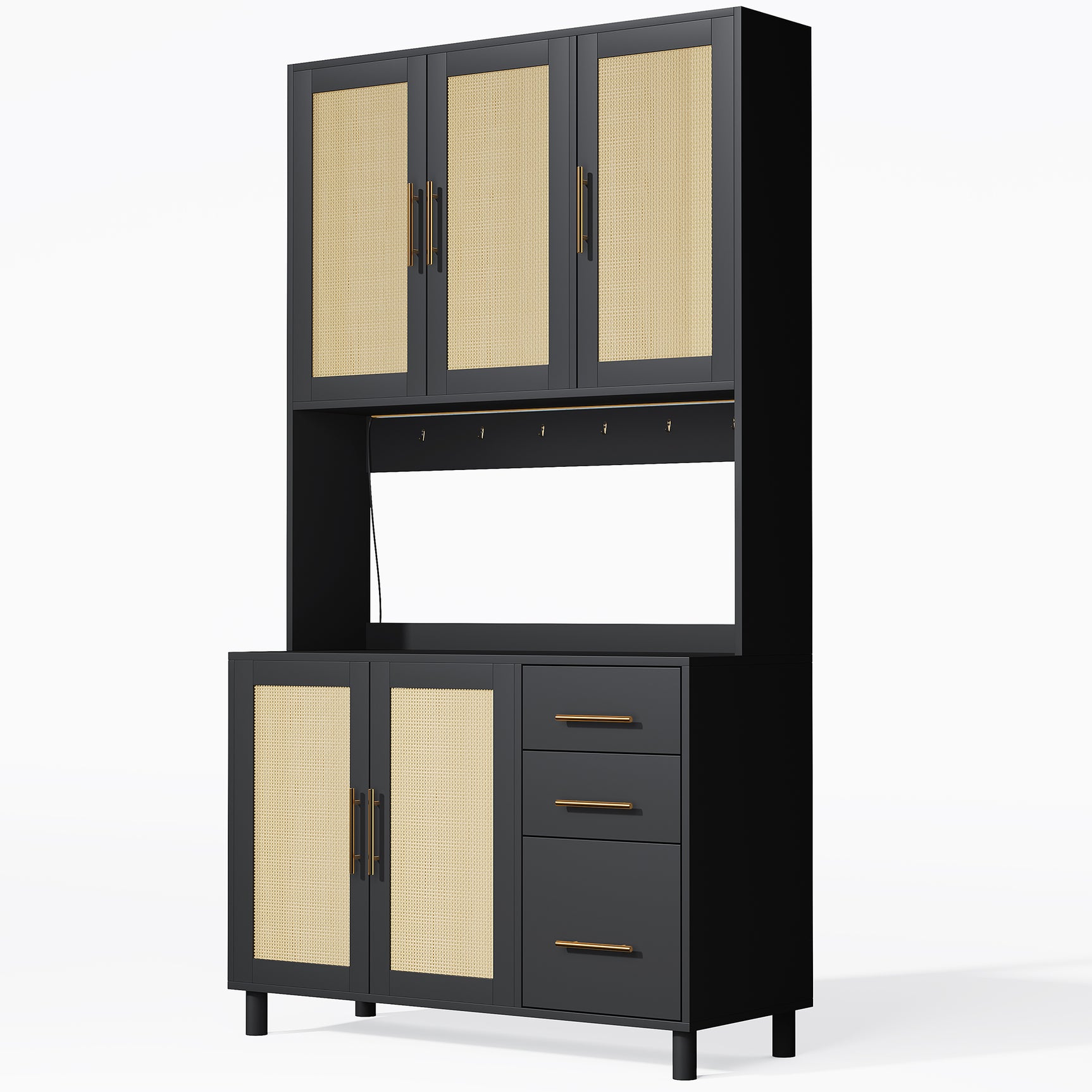 183 cm Küchenbuffet mit LED -Beleuchtung, gesteuert von Anwendung, 2 USB -Häfen, 2 Sockeln, 3 Schubladen, verstellbaren Regalen und goldenen Griffen - ideal für Küchen- und Esszimmer