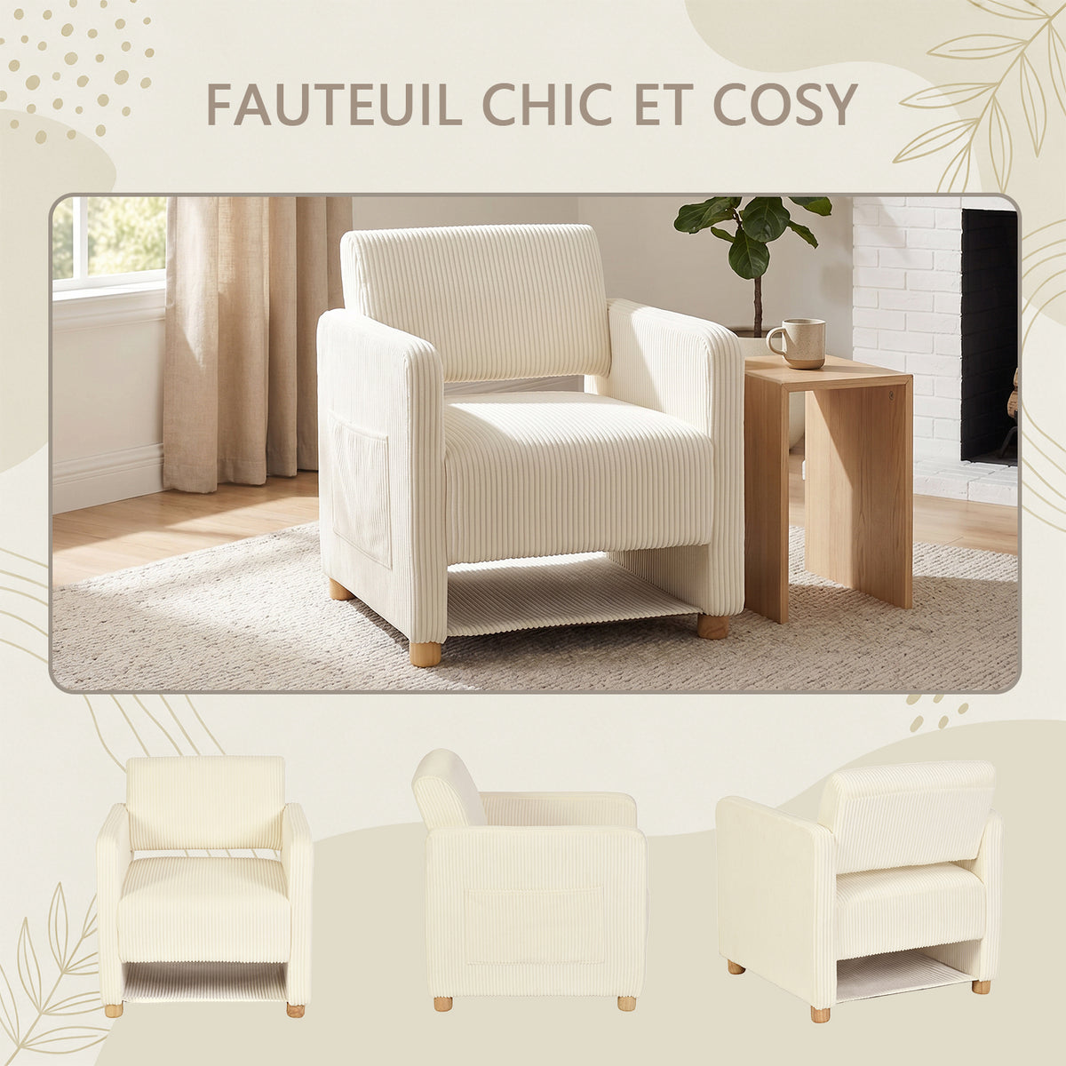 Loungesessel mit Armlehnen aus beigem Cord – DOMCO