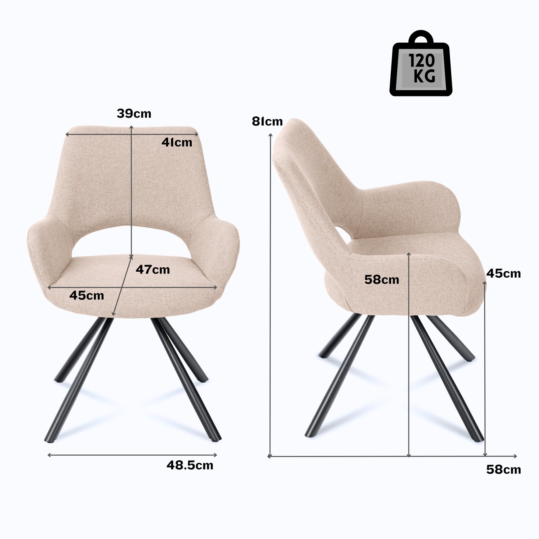Ensemble de salle à manger de style scandinave comprenant une table ronde en chêne et 2 fauteuils beige
