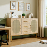 Eichen-Caning-Buffet mit 3 Schubladen, 2 Türen, einstellbaren Regalen und Anti-Breeching-Geräte-120 × 40 × 74 cm