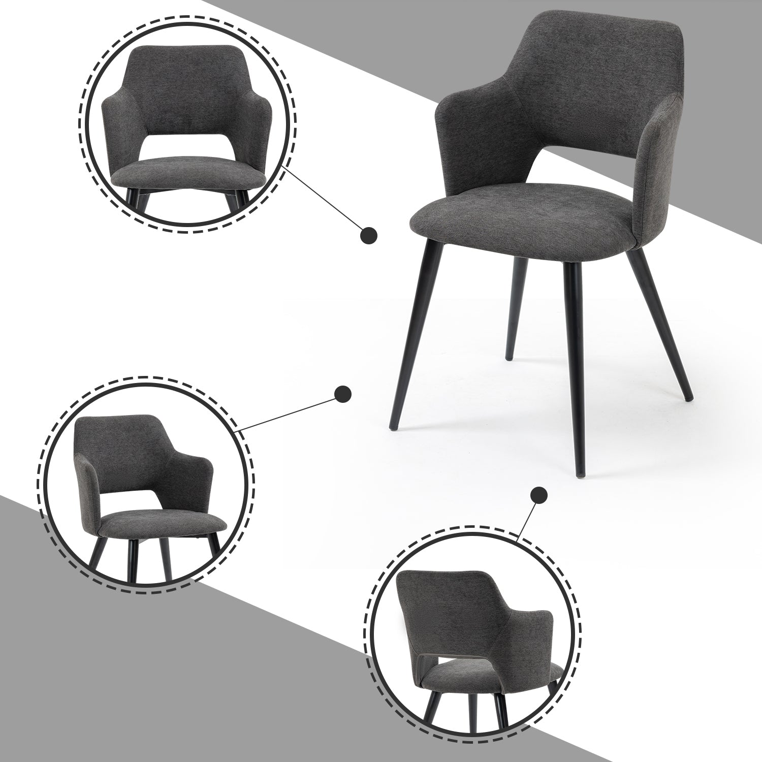 Lot de 6 fauteuils de salle à manger scandinaves avec accoudoirs en tissu gris - AKANJI