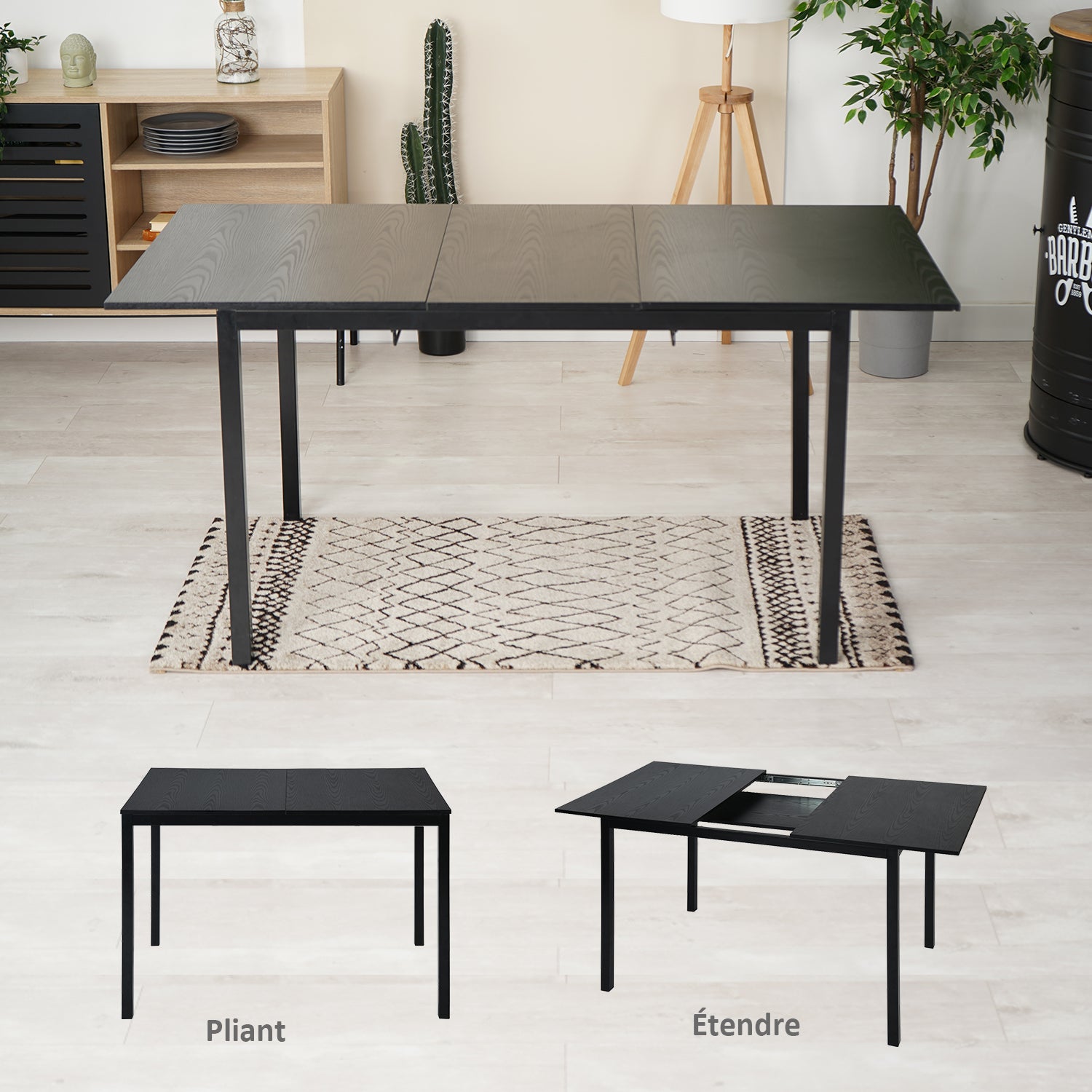 Runder Tisch in Walnussoptik Ø80 cm mit 4 schwarzen Samtstühlen, moderner und komfortabler Stil