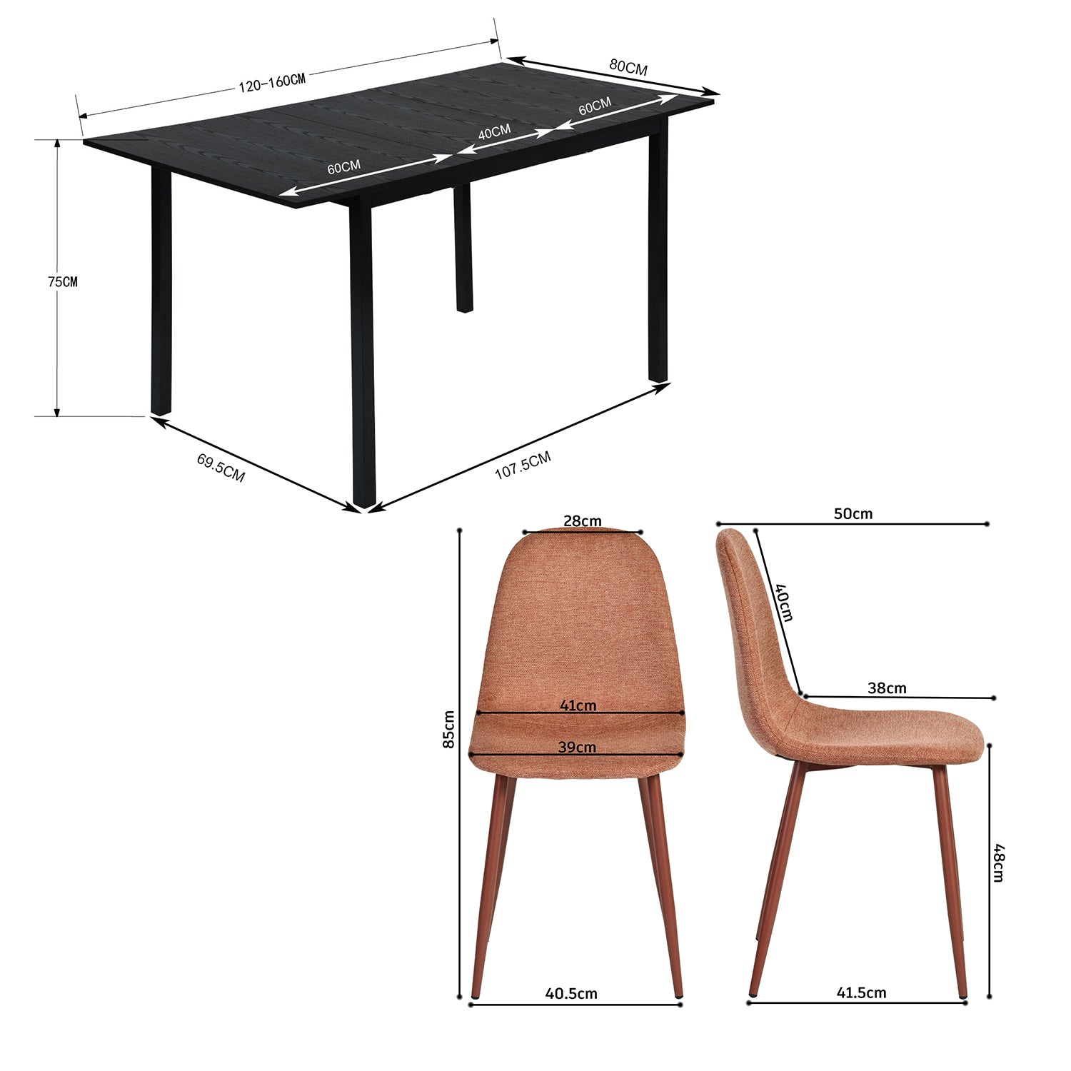 Runder Tisch in Walnussoptik Ø80 cm mit 4 schwarzen Samtstühlen, moderner und komfortabler Stil