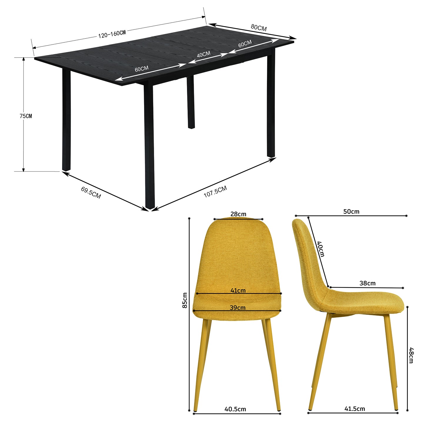 Runder Tisch in Walnussoptik Ø80 cm mit 4 schwarzen Samtstühlen, moderner und komfortabler Stil