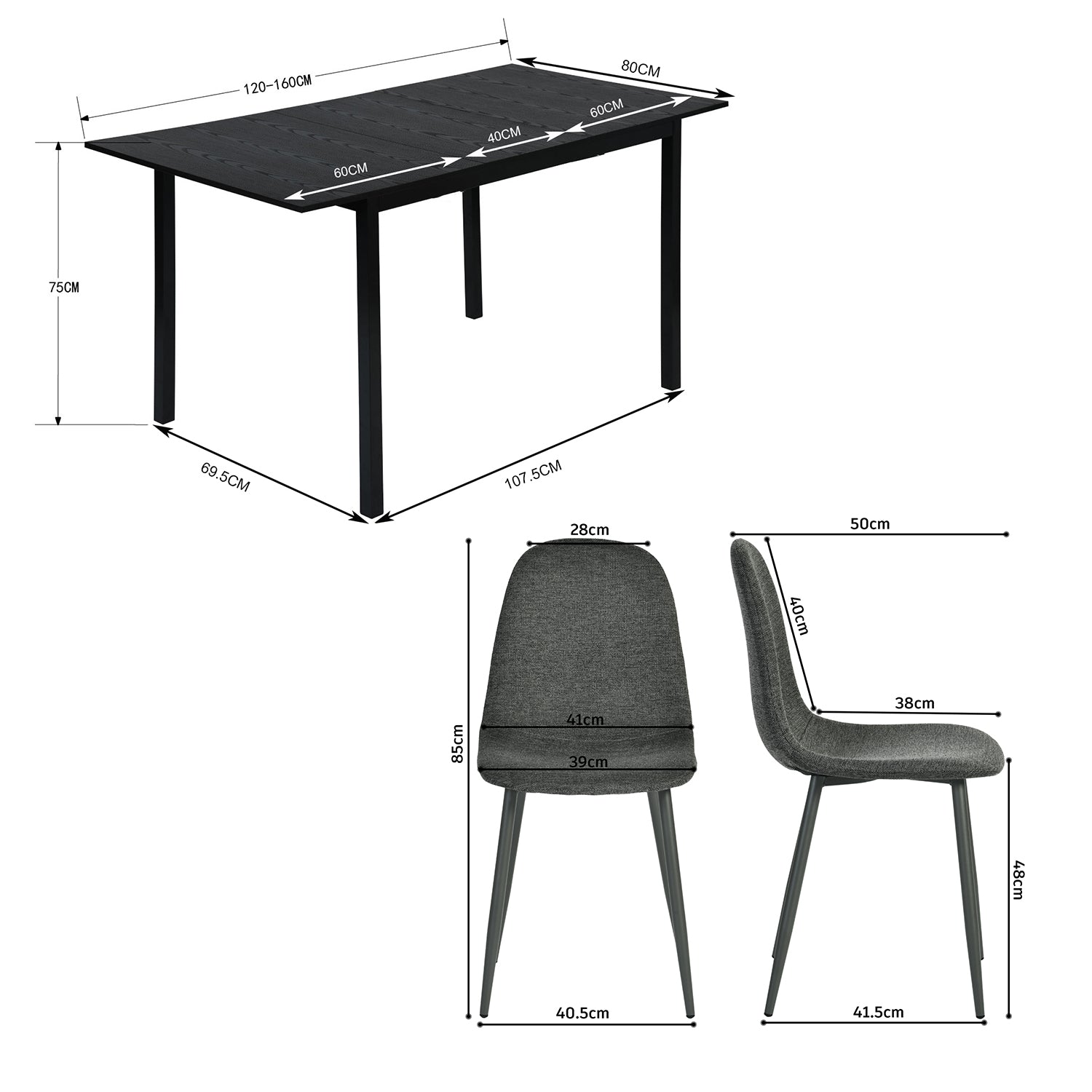 Runder Tisch in Walnussoptik Ø80 cm mit 4 schwarzen Samtstühlen, moderner und komfortabler Stil