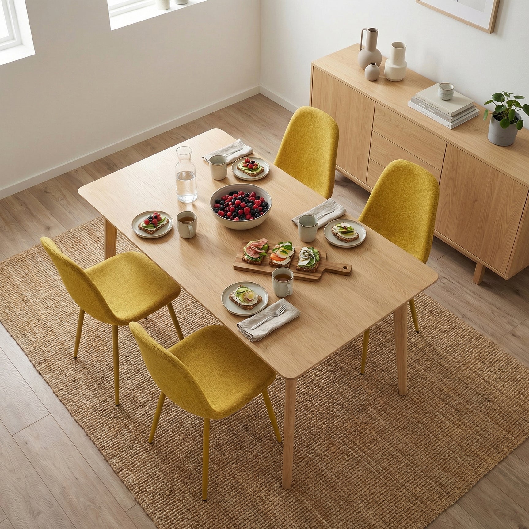 Lot de 4 chaises de salle à manger en tissu jaune doux, chaises de détente avec dossier et pieds métalliques assortis scandinave - CHARLTON