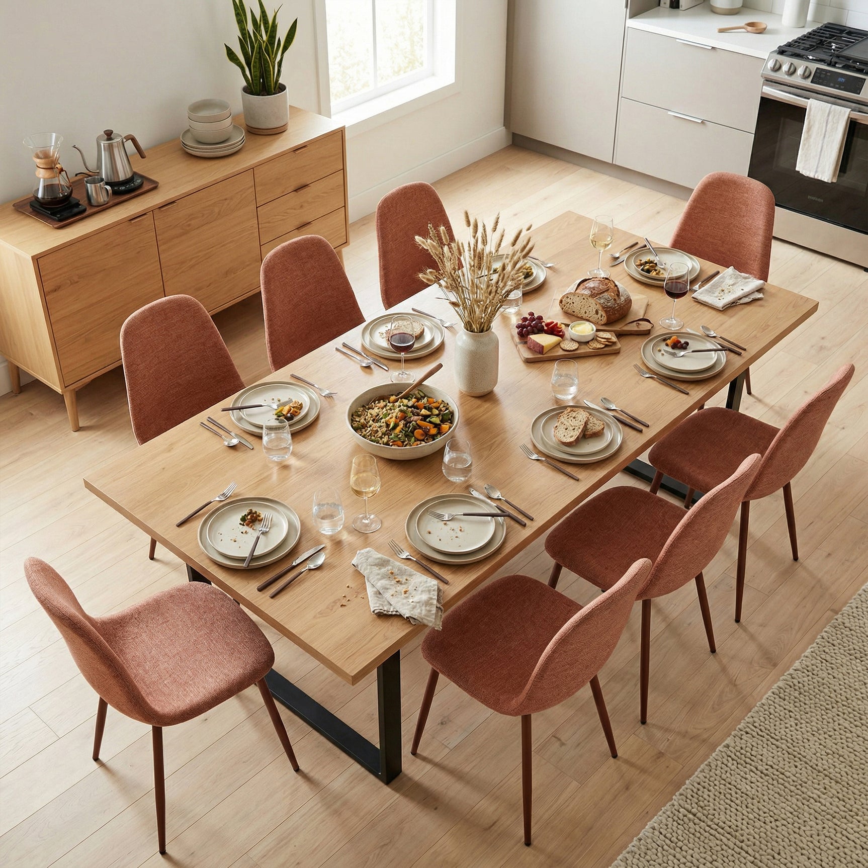 Lot de 8 chaises de salle à manger en tissu rouge doux, chaises de détente avec dossier et pieds métalliques assortis scandinave - CHARLTON