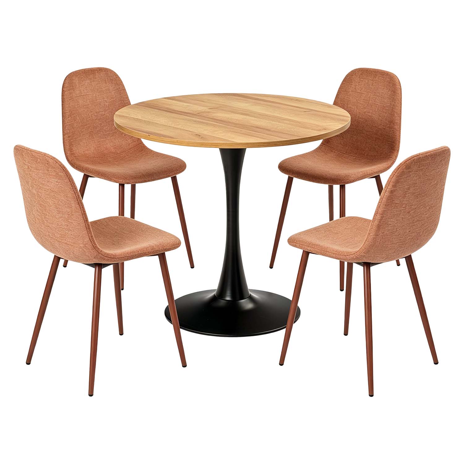 Ensemble de salle à manger de style scandinave comprenant une table ronde en chêne et 4 chaises terracotta
