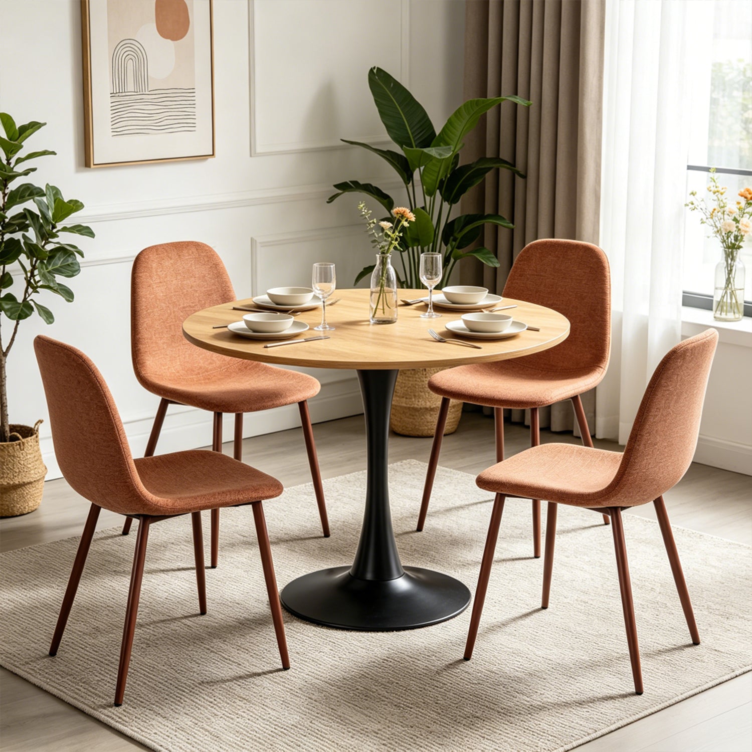 Ensemble de salle à manger de style scandinave comprenant une table ronde en chêne et 4 chaises terracotta