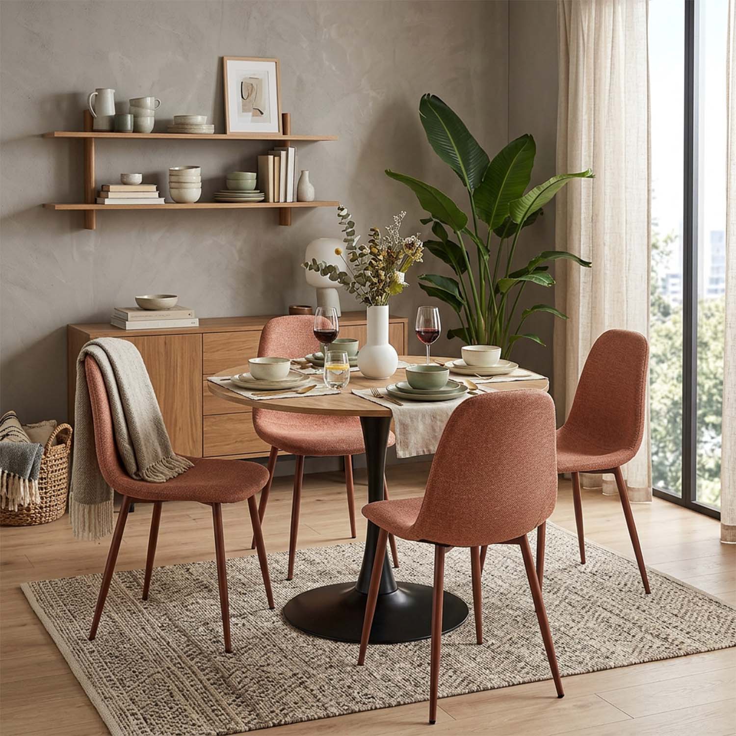 Ensemble de salle à manger de style scandinave comprenant une table ronde en chêne et 4 chaises terracotta