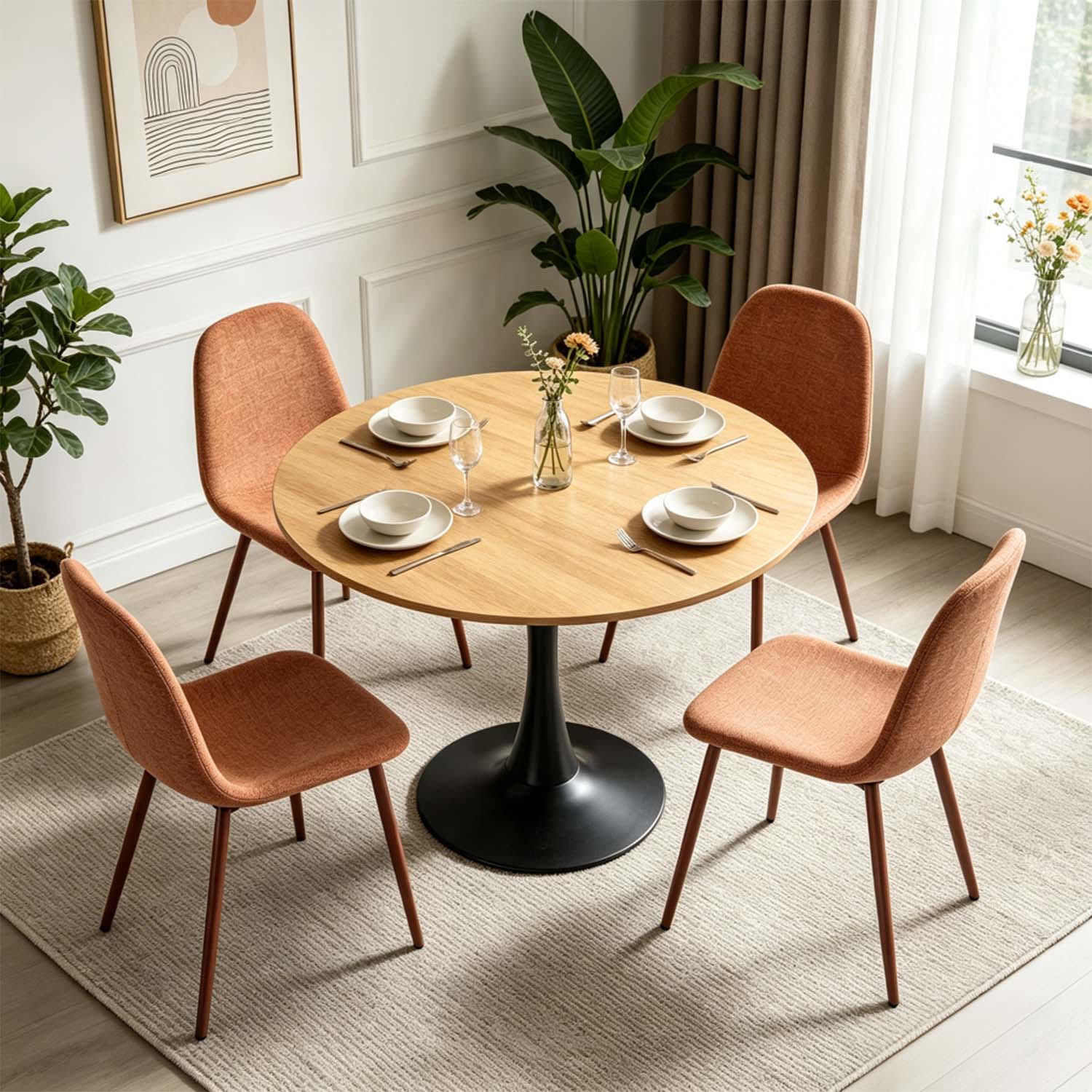 Ensemble de salle à manger de style scandinave comprenant une table ronde en chêne et 4 chaises terracotta