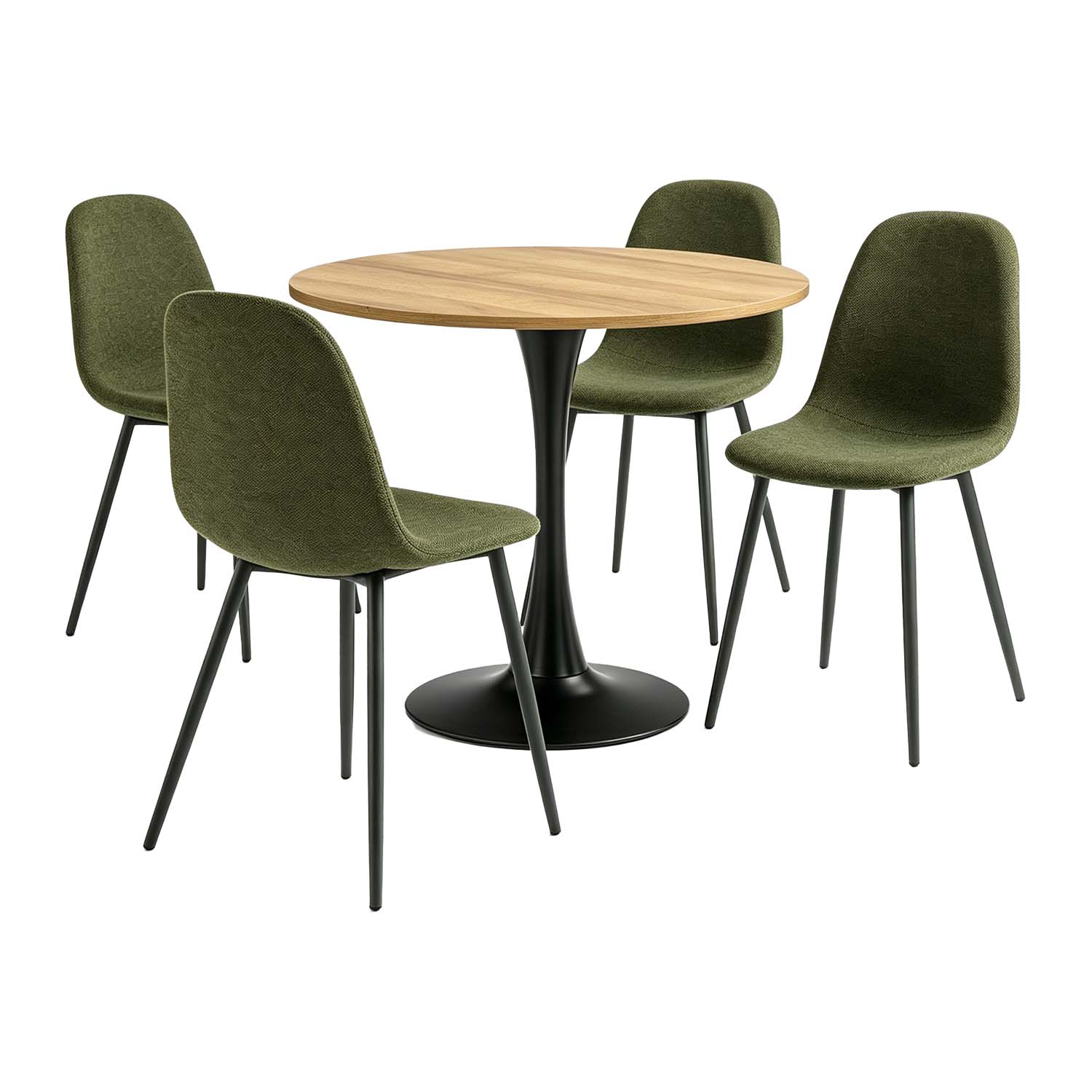 Ensemble de salle à manger de style scandinave comprenant une table ronde en chêne et 4 chaises vert