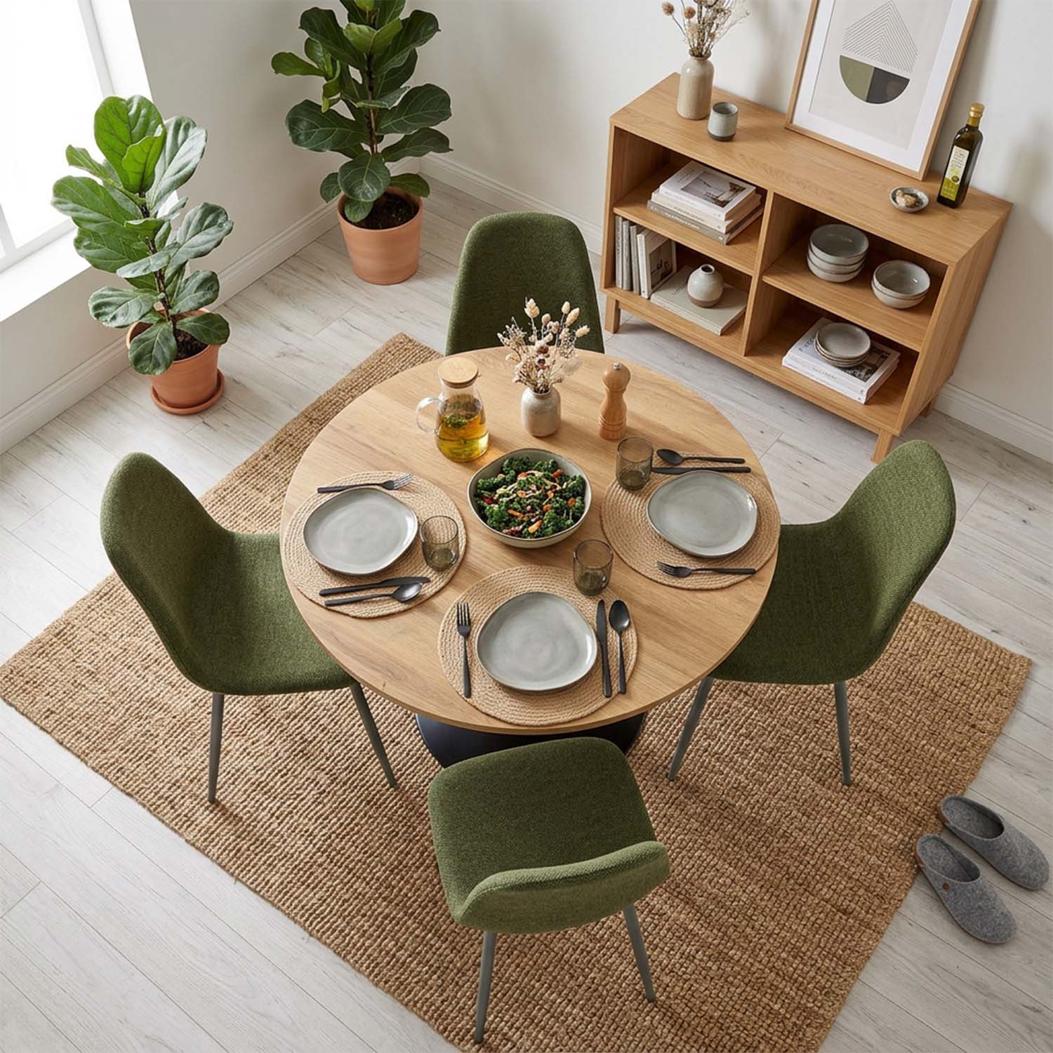 Ensemble de salle à manger de style scandinave comprenant une table ronde en chêne et 4 chaises vert