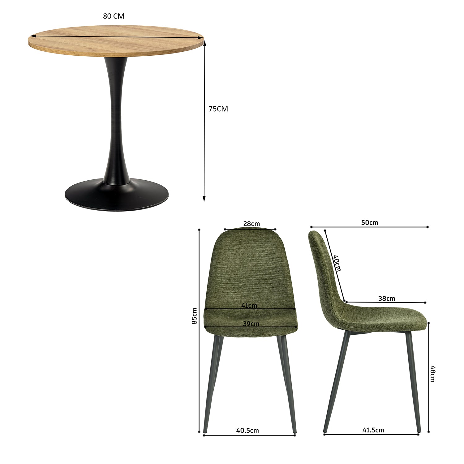 Ensemble de salle à manger de style scandinave comprenant une table ronde en chêne et 4 chaises vert