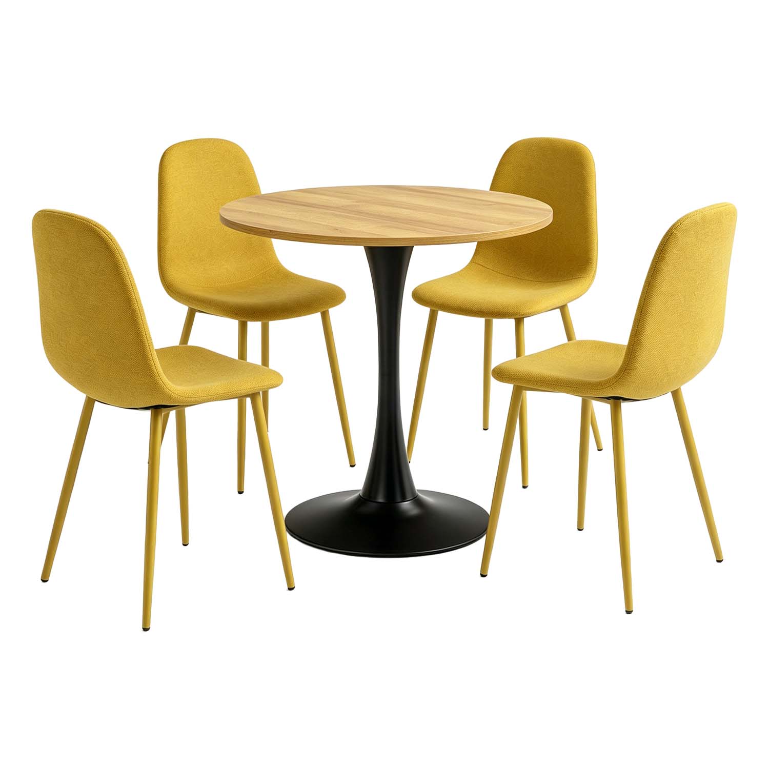 Ensemble de salle à manger de style scandinave comprenant une table ronde en chêne et 4 chaises jaune