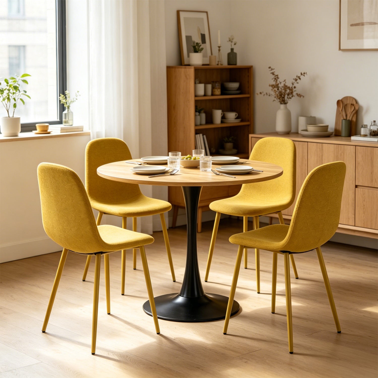 Ensemble de salle à manger de style scandinave comprenant une table ronde en chêne et 4 chaises jaune