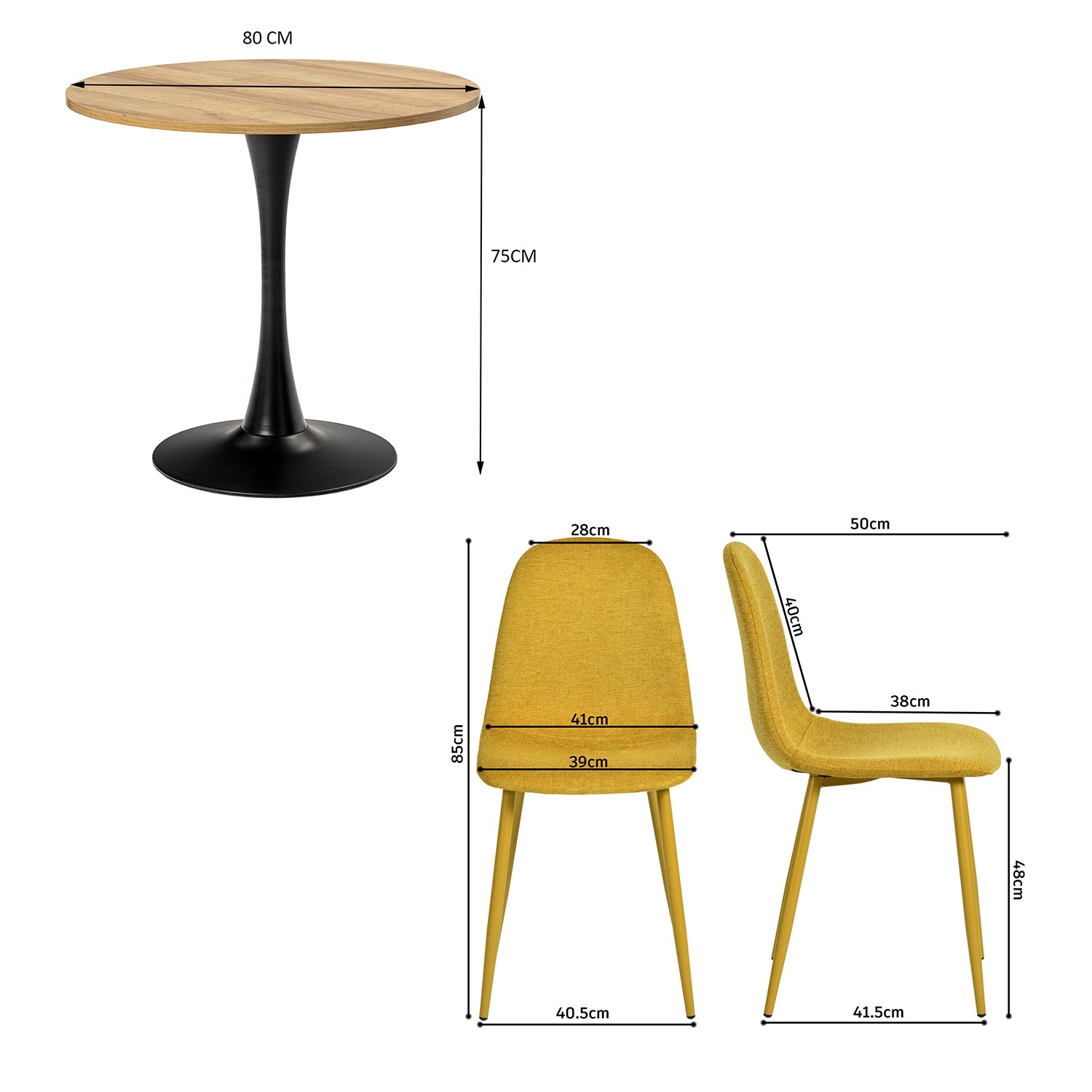 Ensemble de salle à manger de style scandinave comprenant une table ronde en chêne et 4 chaises jaune