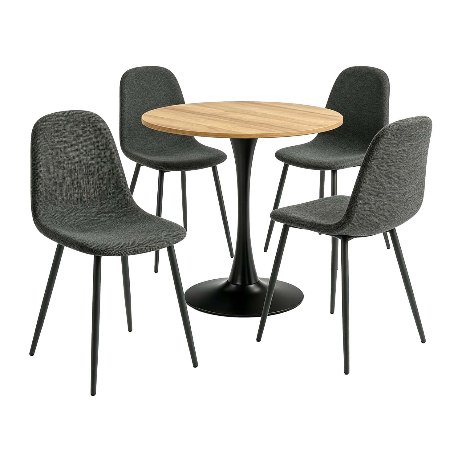 Ensemble de salle à manger de style scandinave comprenant une table ronde en chêne et 4 chaises gris