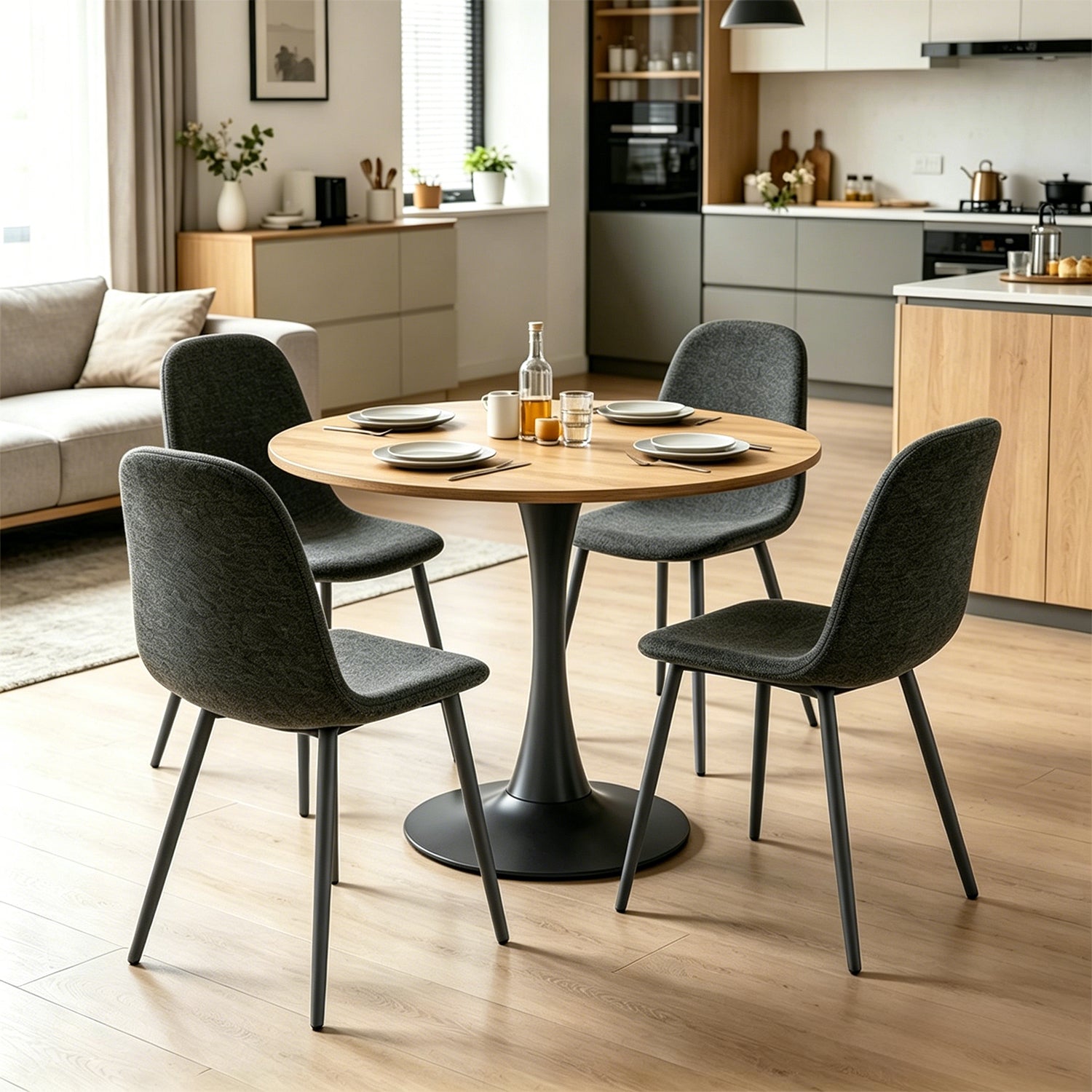 Ensemble de salle à manger de style scandinave comprenant une table ronde en chêne et 4 chaises gris