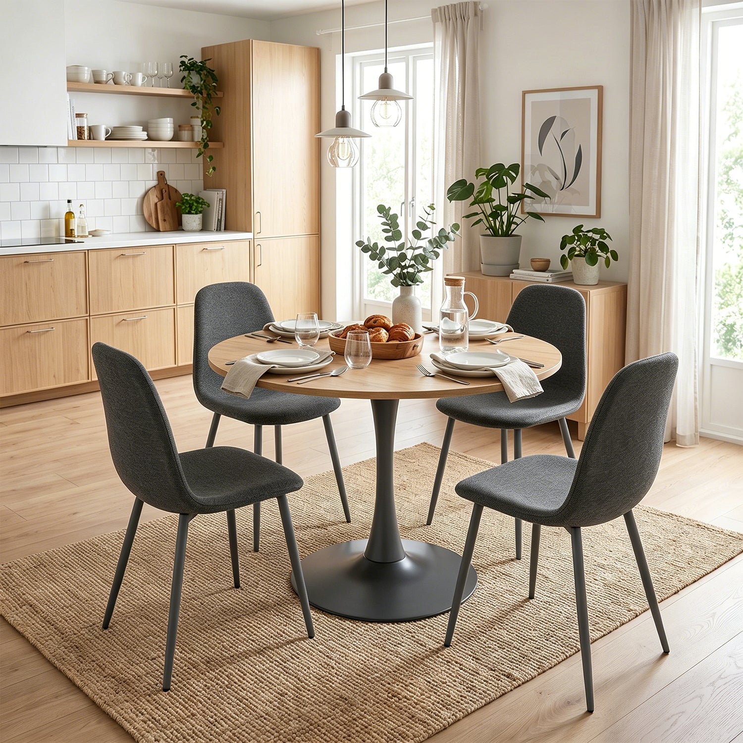 Ensemble de salle à manger de style scandinave comprenant une table ronde en chêne et 4 chaises gris