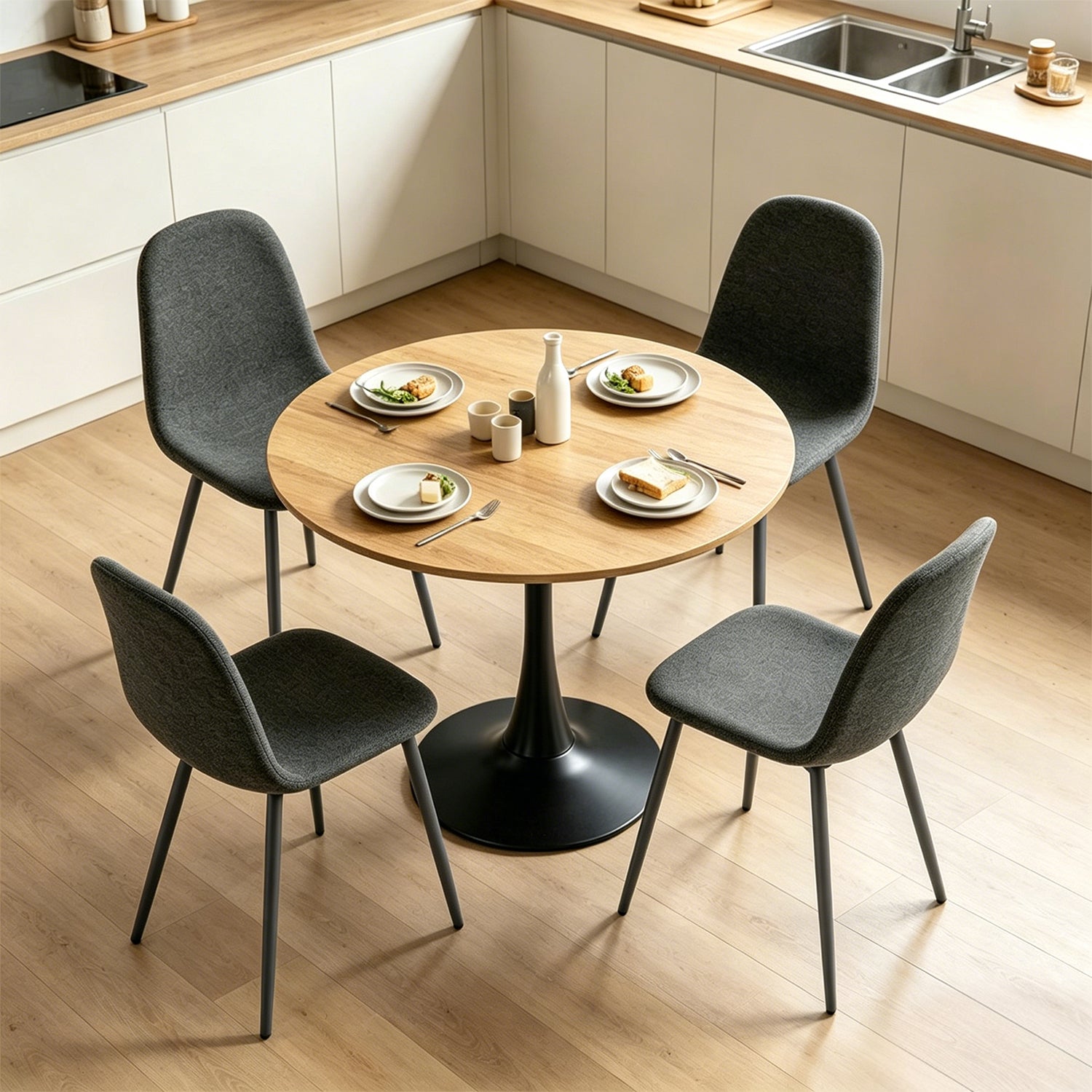 Ensemble de salle à manger de style scandinave comprenant une table ronde en chêne et 4 chaises gris