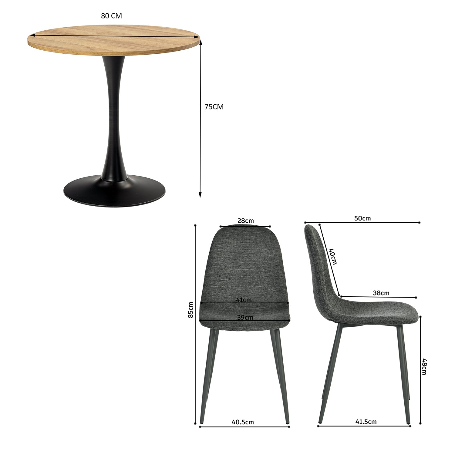 Ensemble de salle à manger de style scandinave comprenant une table ronde en chêne et 4 chaises gris