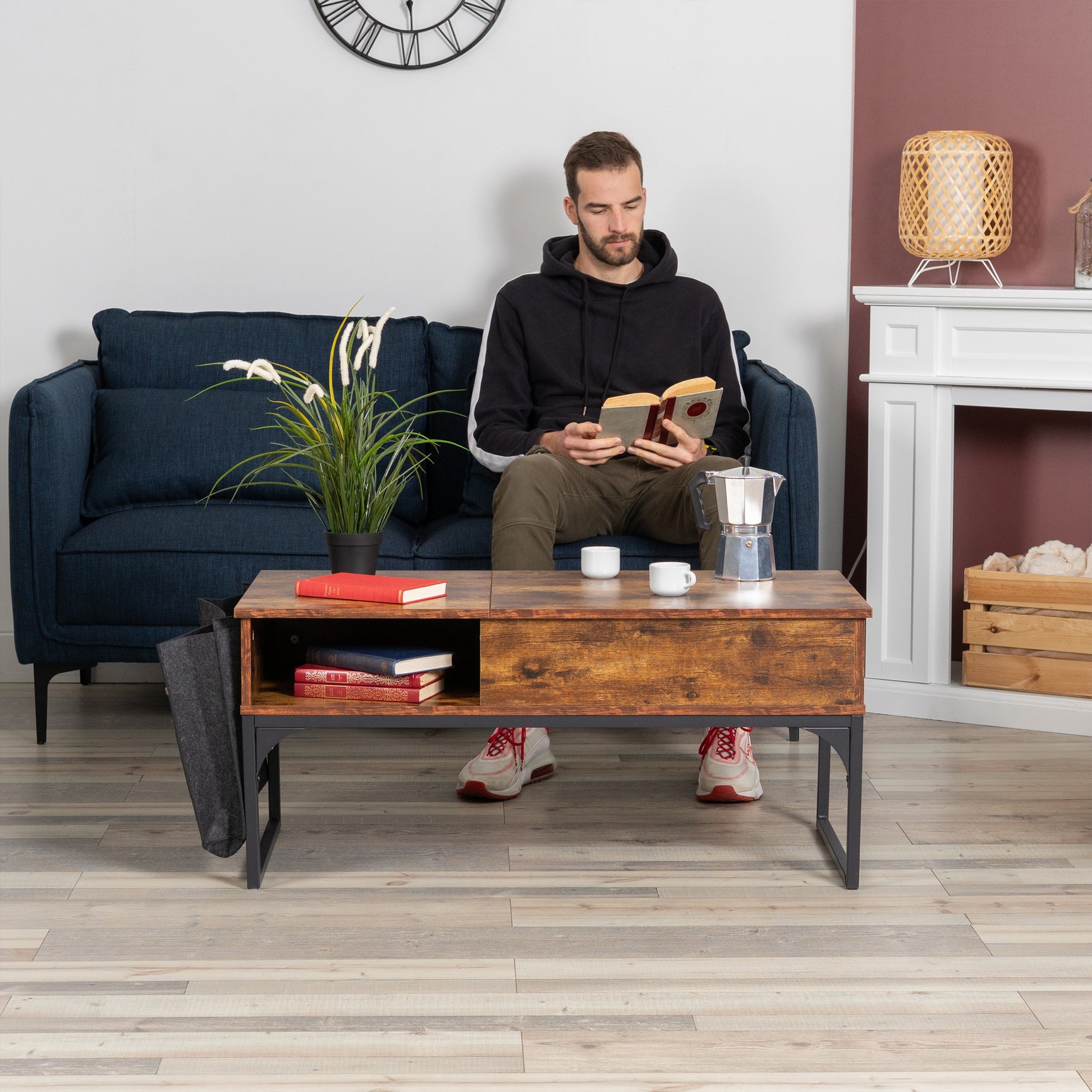 HIPTIAL COWABLE COWABLE mit verstecktem Speicher, Hebung und Seitentasche, Vintage -Holz und schwarzes Metall - Zola