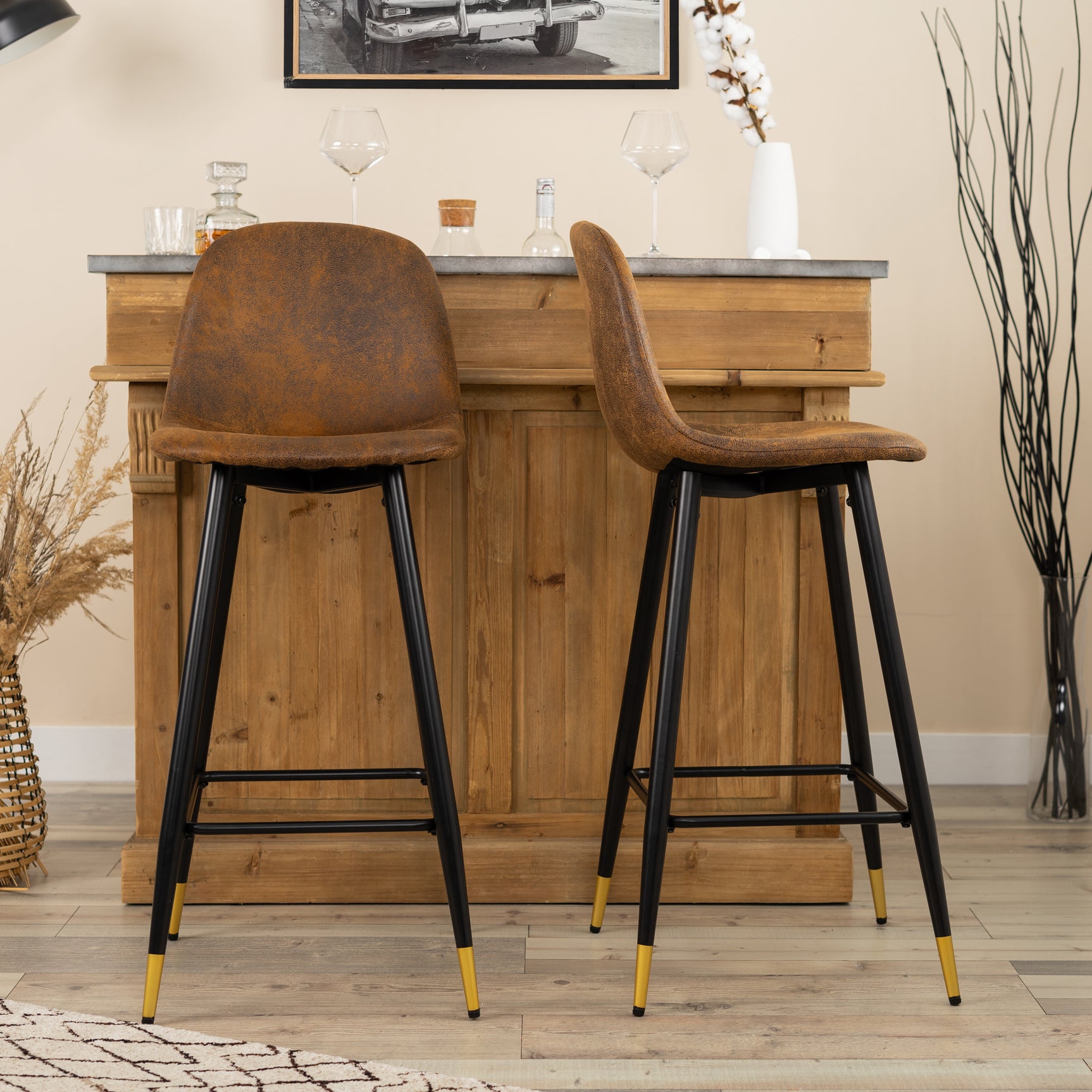 Set of 2 industrial bar stools with suede back - CHARLTON BAR