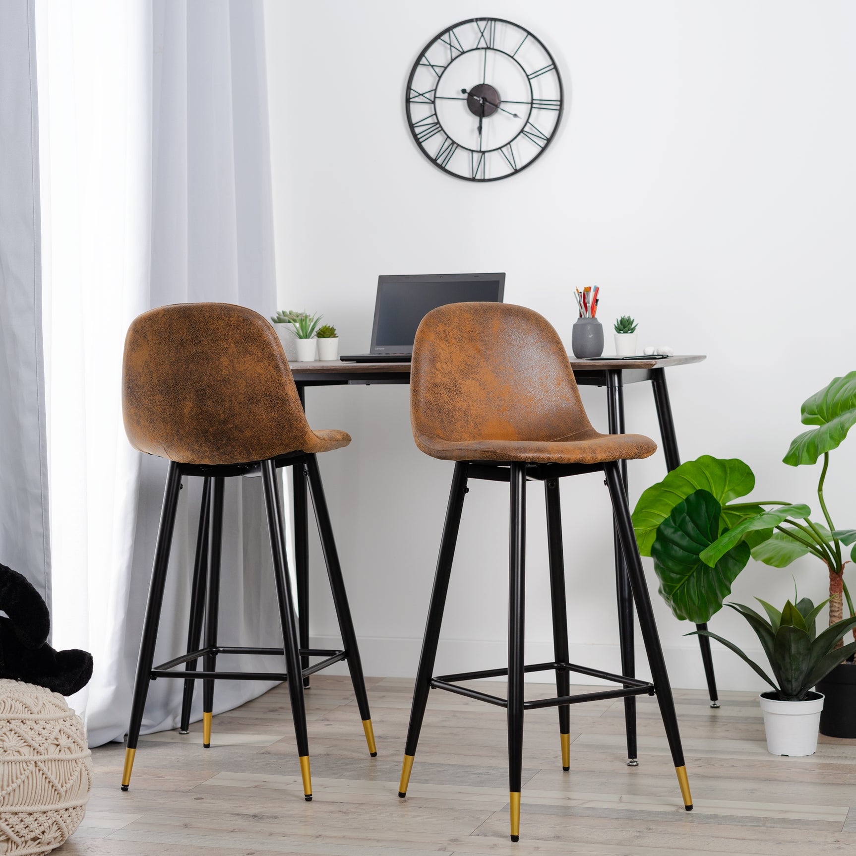 Set of 2 industrial bar stools with suede back - CHARLTON BAR