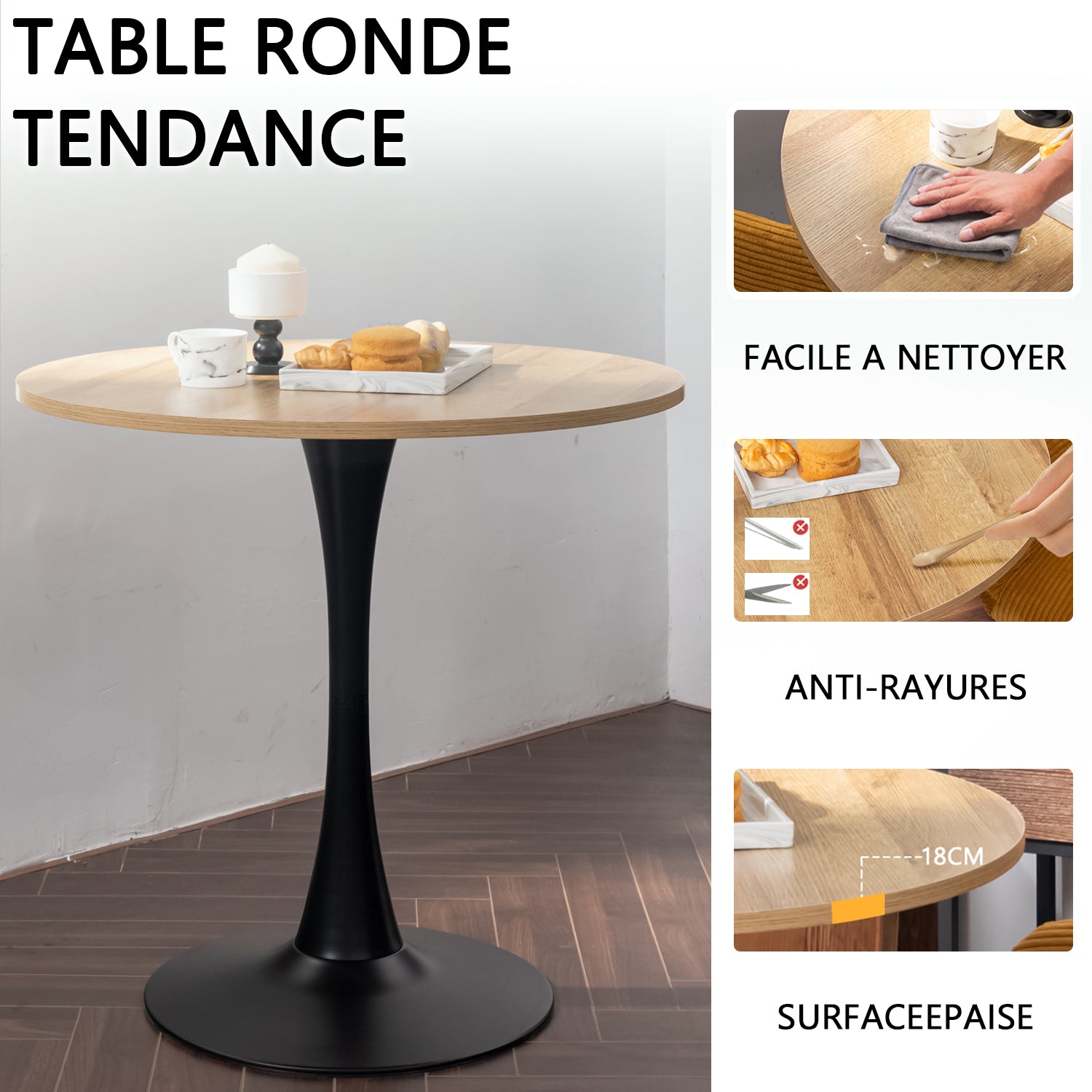 Ensemble de salle à manger de style scandinave comprenant une table ronde en chêne et 2 chaises en velours côtelé gris