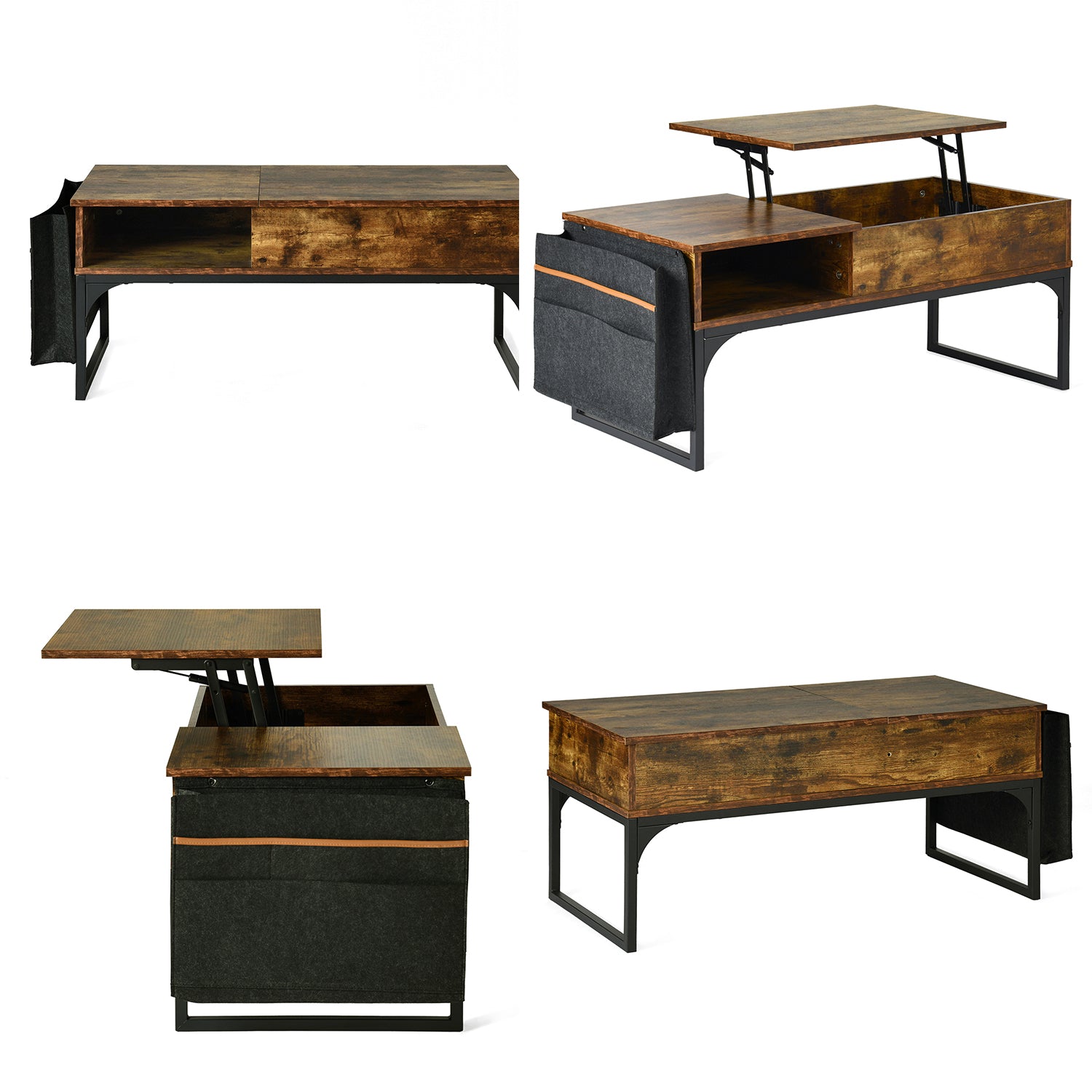 HIPTIAL COWABLE COWABLE mit verstecktem Speicher, Hebung und Seitentasche, Vintage -Holz und schwarzes Metall - Zola